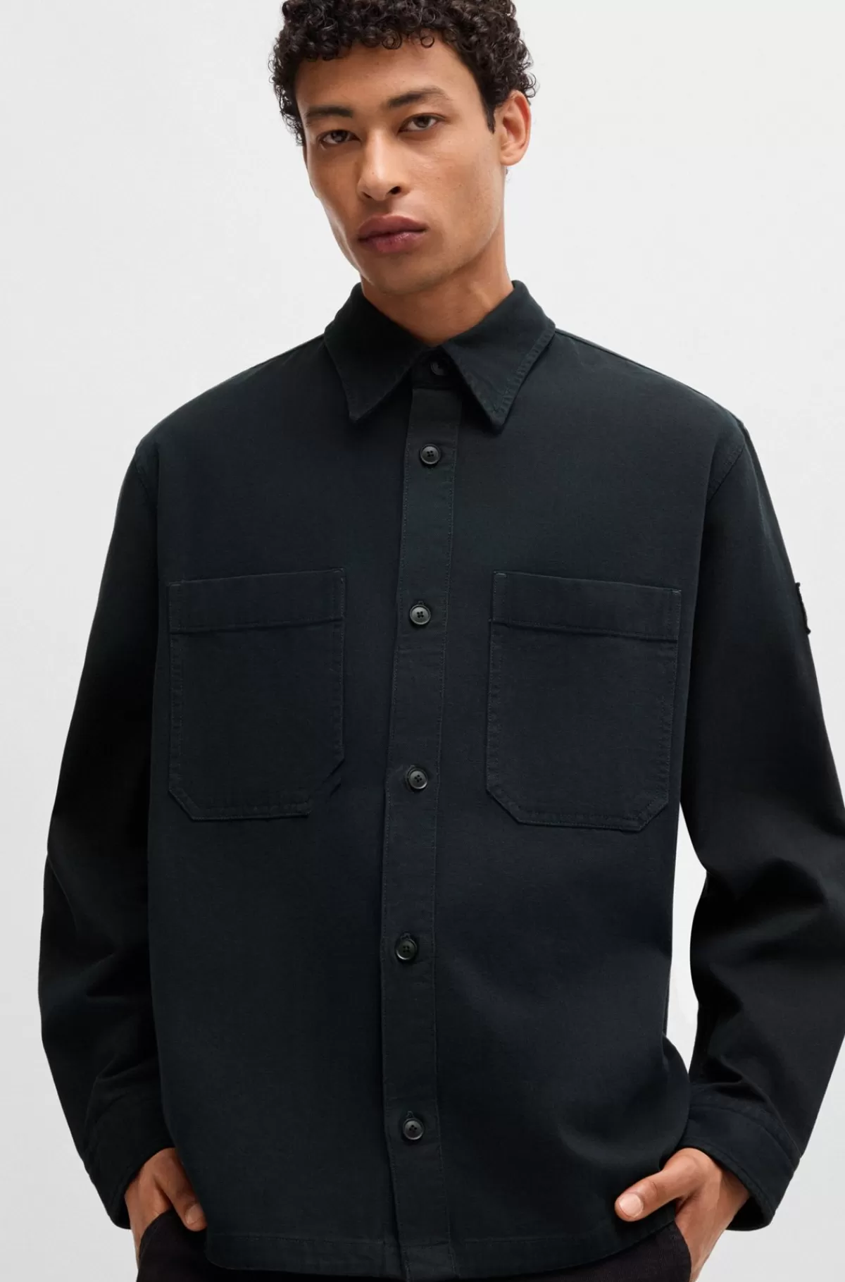 HUGO BOSS Oversize Fit Yderskjorte I Bomuldspiqué Med En Krave Med Spidse Flipper Mørkeblå Discount