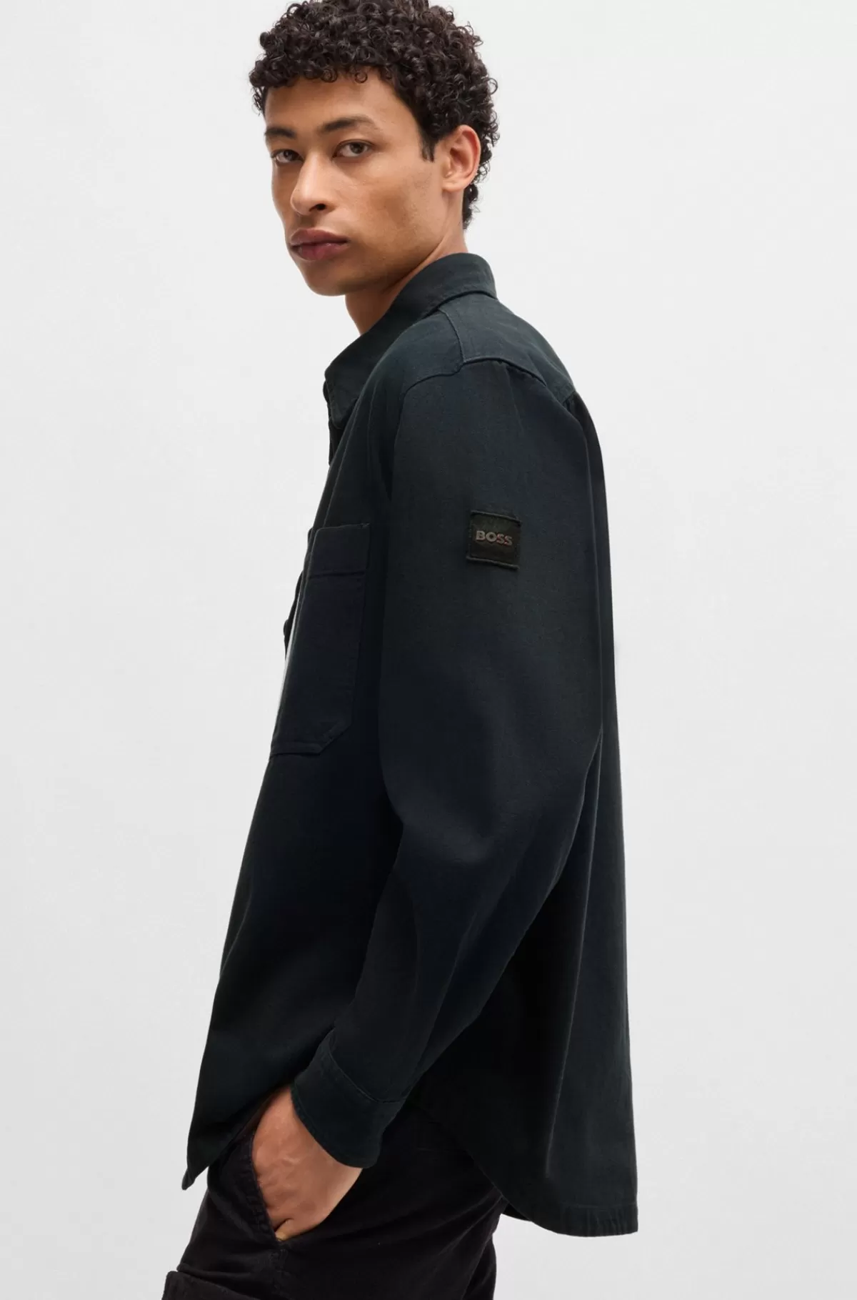HUGO BOSS Oversize Fit Yderskjorte I Bomuldspiqué Med En Krave Med Spidse Flipper Mørkeblå Discount