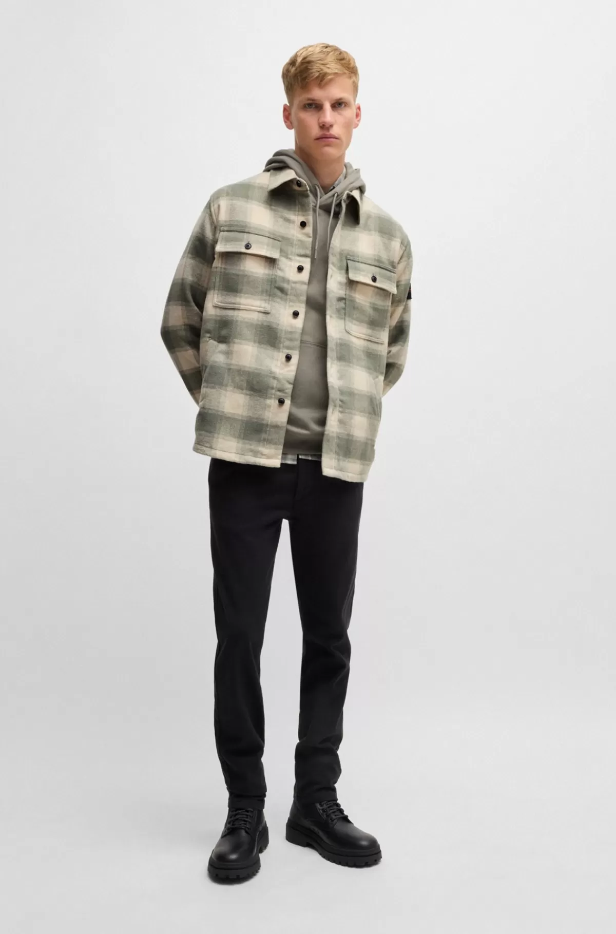 HUGO BOSS Oversize Fit Yderskjorte I Ternet Tweed Og Krave Med Spidse Flipper Lys beige Online