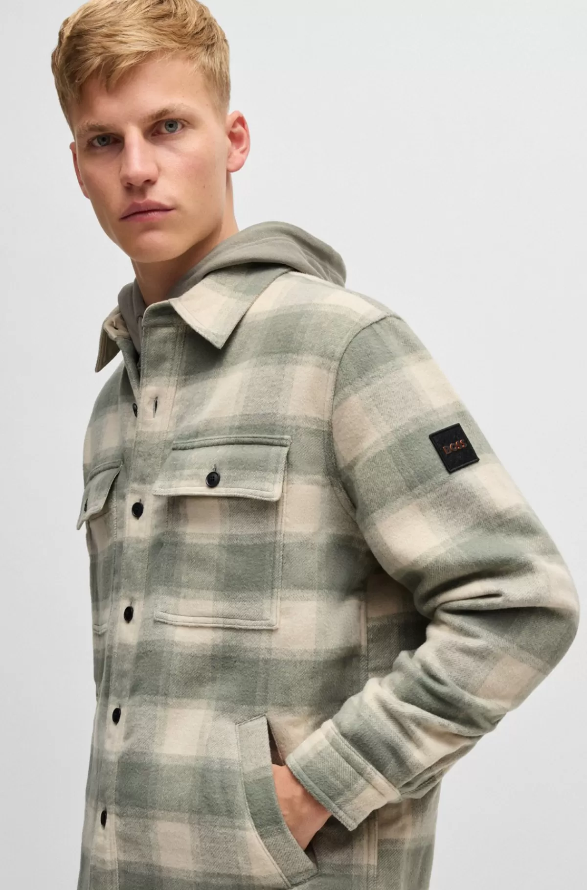 HUGO BOSS Oversize Fit Yderskjorte I Ternet Tweed Og Krave Med Spidse Flipper Lys beige Online