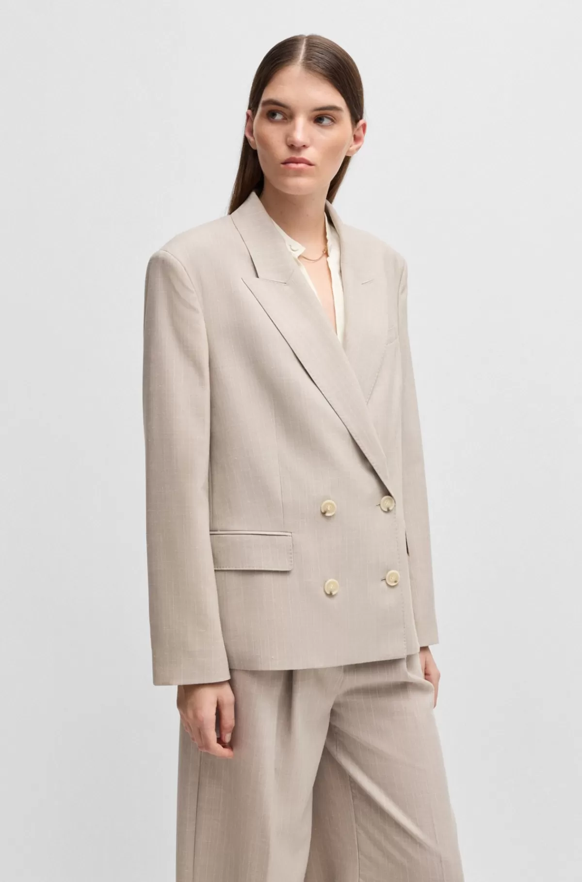 HUGO BOSS Oversized Fit Jakkesætsjakke I Italiensk Produceret Stof Lys beige Sale