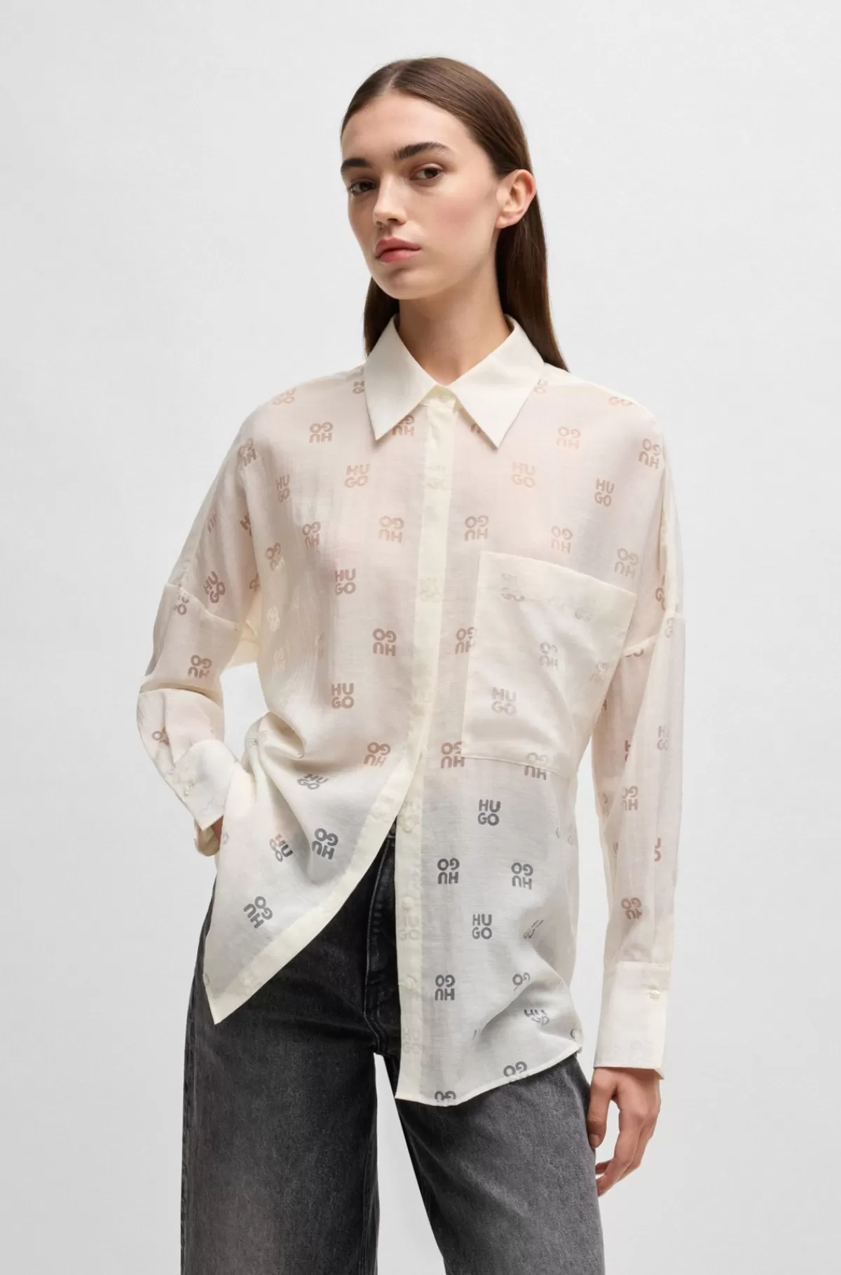 HUGO BOSS Oversized Fit Skjorte Med Burnout-logoprint Hvid Clearance