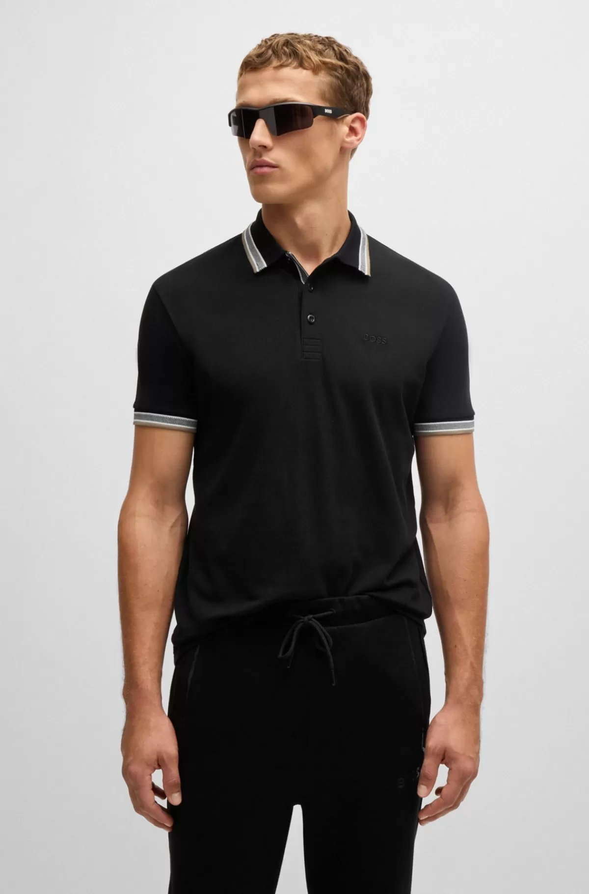 HUGO BOSS Paddy Poloshirt I Bomuldspiqué Med Logo I Kontrastfarve Sort Store