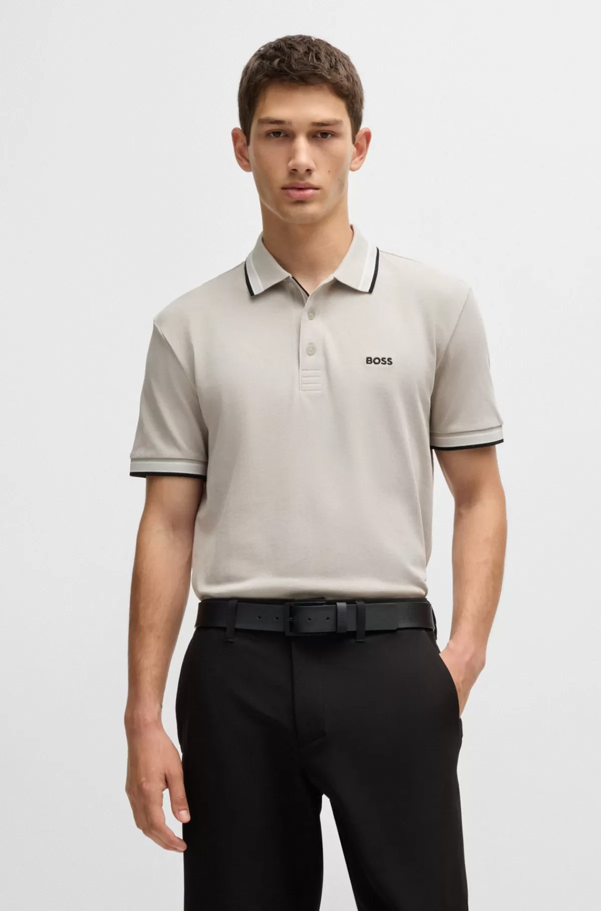 HUGO BOSS Paddy Poloshirt I Bomuldspiqué Med Logo I Kontrastfarve Lysegrå Cheap