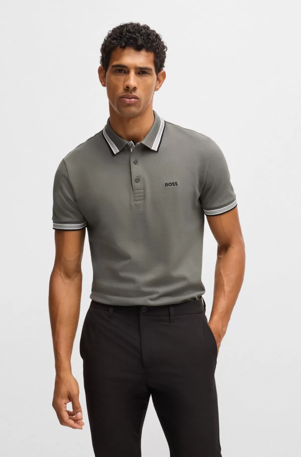 HUGO BOSS Paddy Poloshirt I Bomuldspiqué Med Logo I Kontrastfarve Grå Store