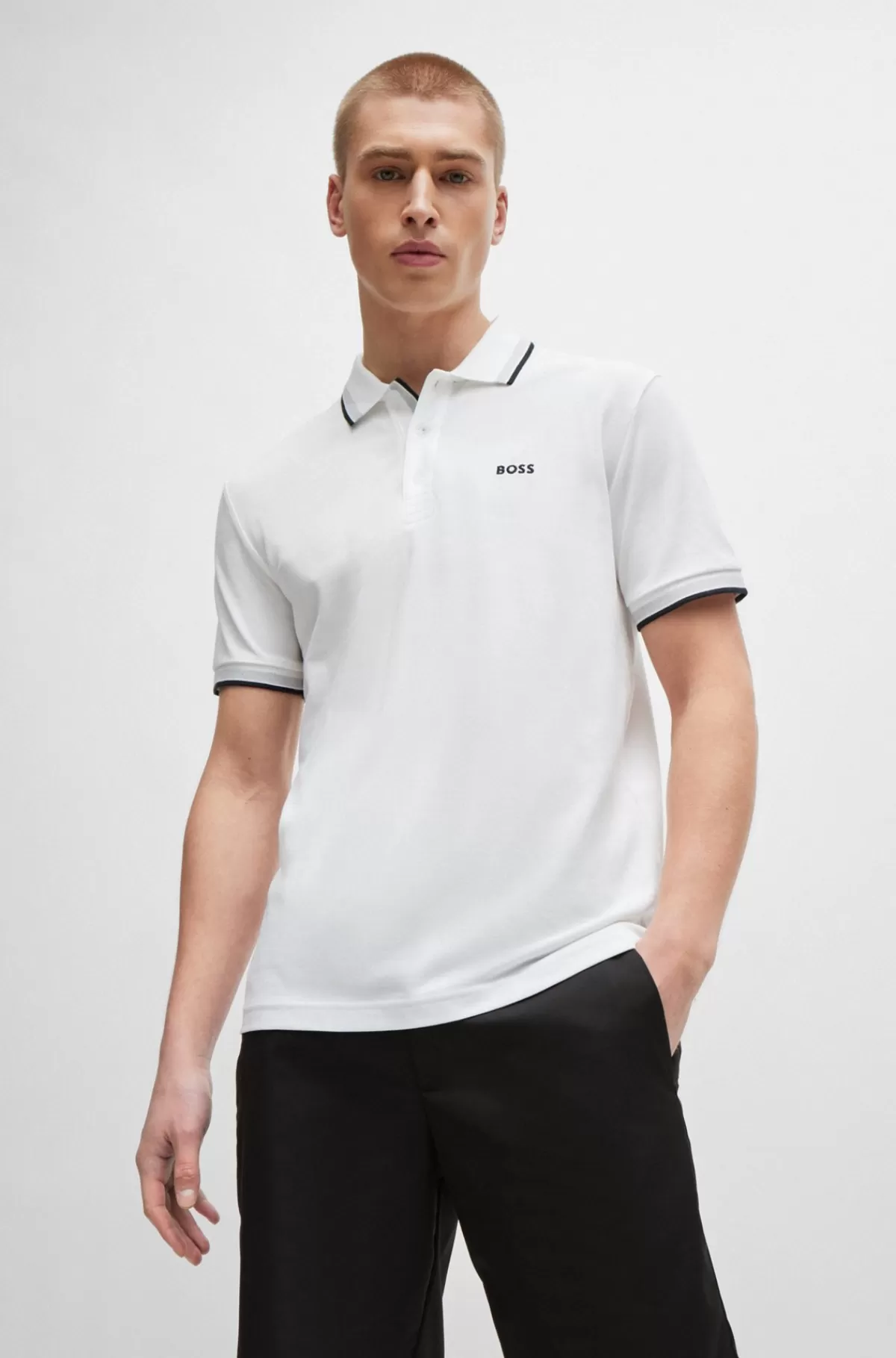 HUGO BOSS Paddy Poloshirt I Bomuldspiqué Med Logo I Kontrastfarve Hvid Clearance