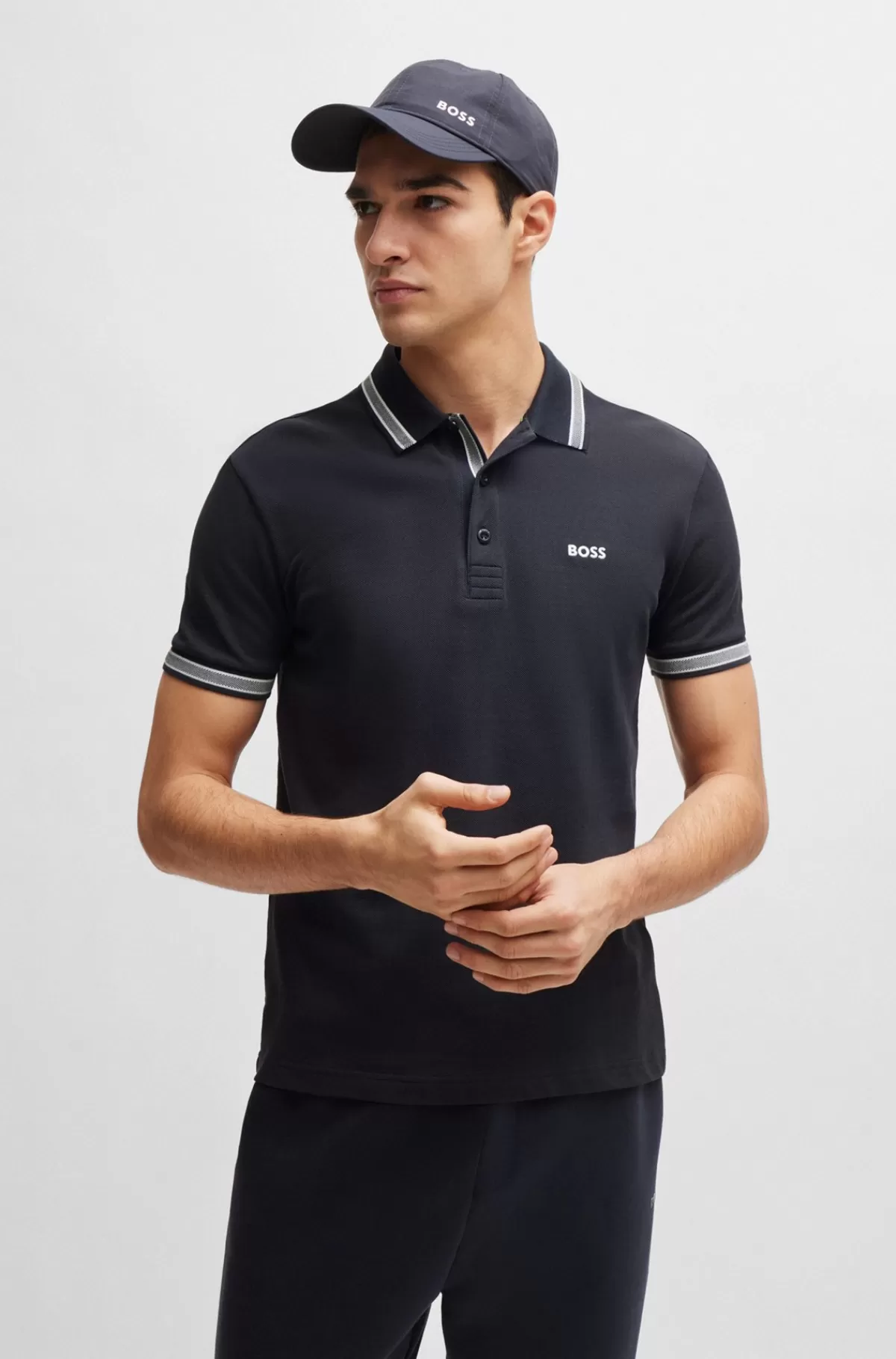HUGO BOSS Paddy Poloshirt I Bomuldspiqué Med Logo I Kontrastfarve Mørkeblå Sale