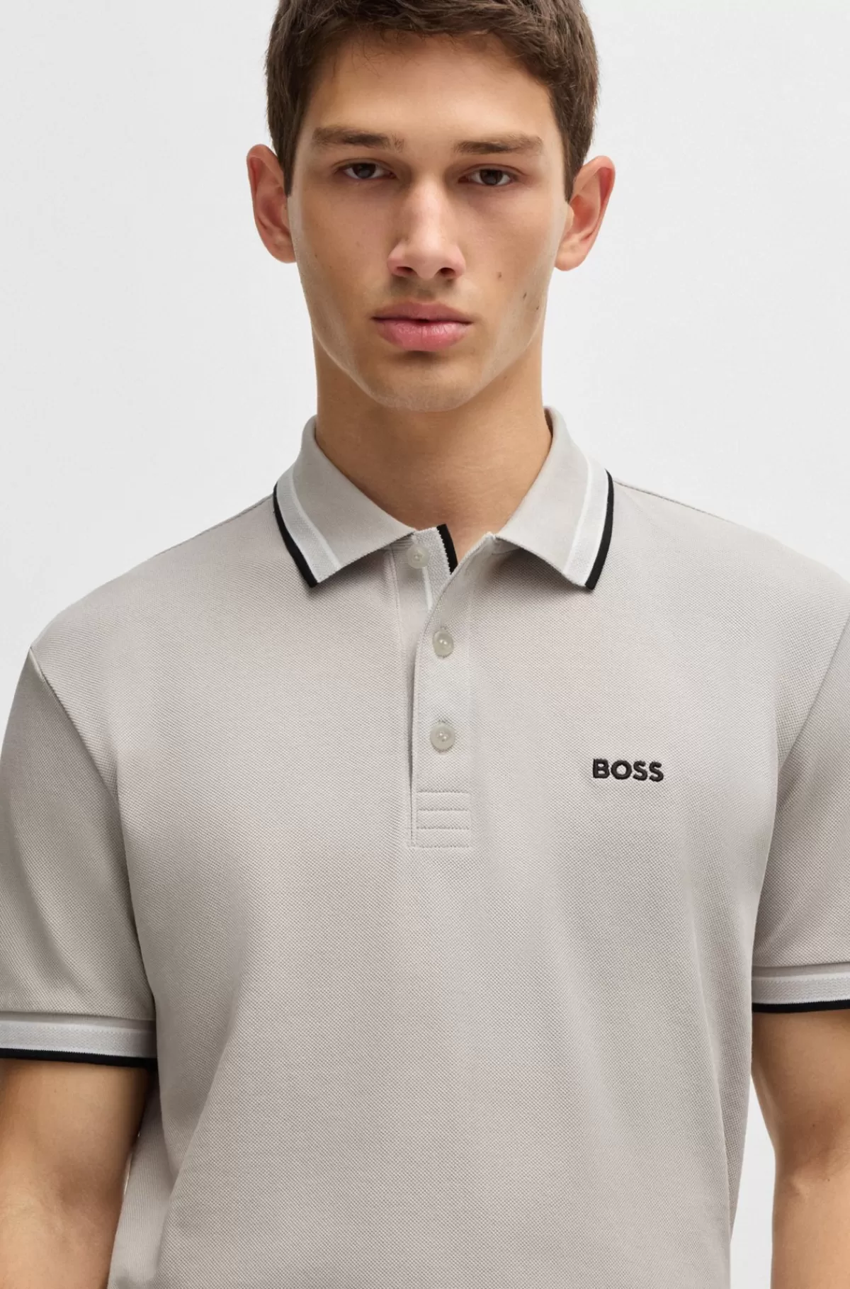 HUGO BOSS Paddy Poloshirt I Bomuldspiqué Med Logo I Kontrastfarve Lysegrå Cheap