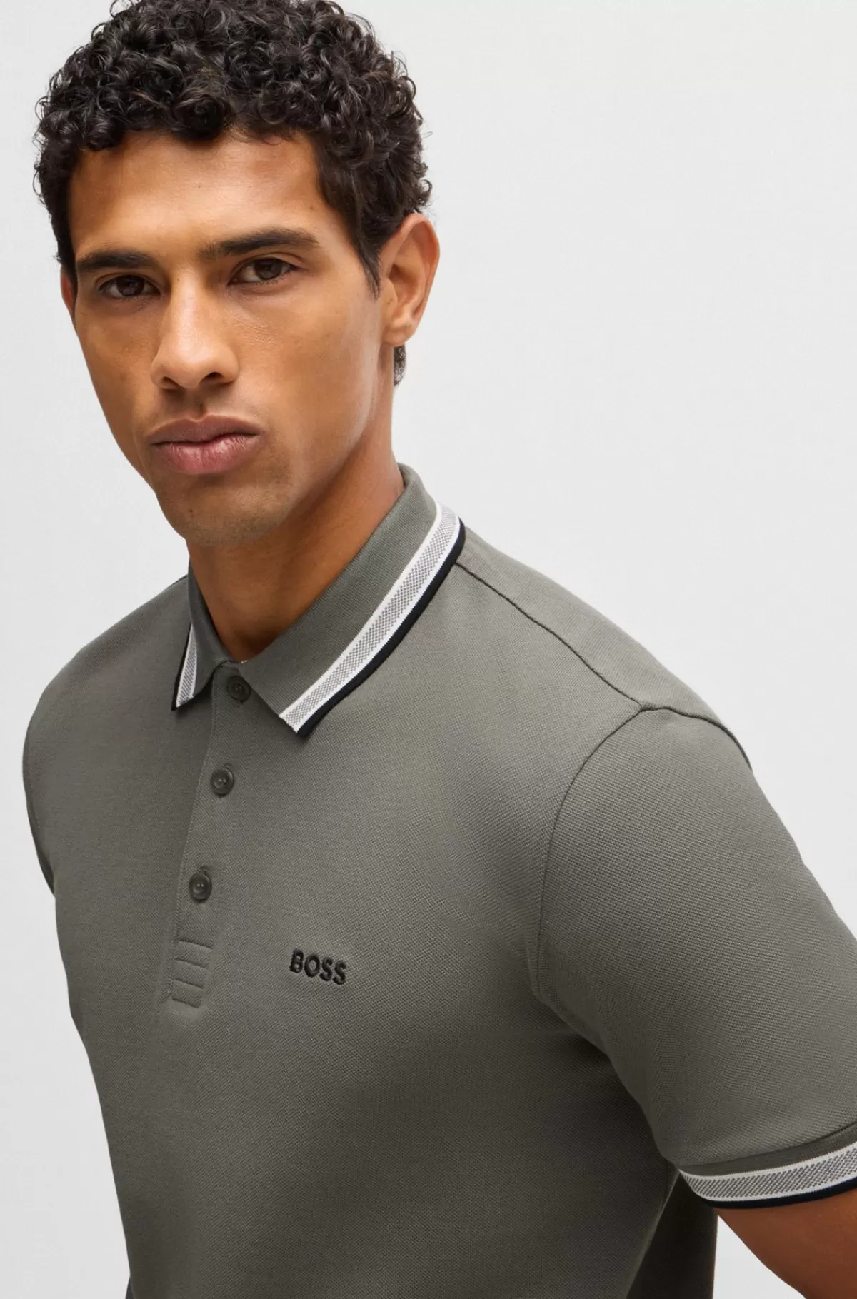 HUGO BOSS Paddy Poloshirt I Bomuldspiqué Med Logo I Kontrastfarve Grå Store