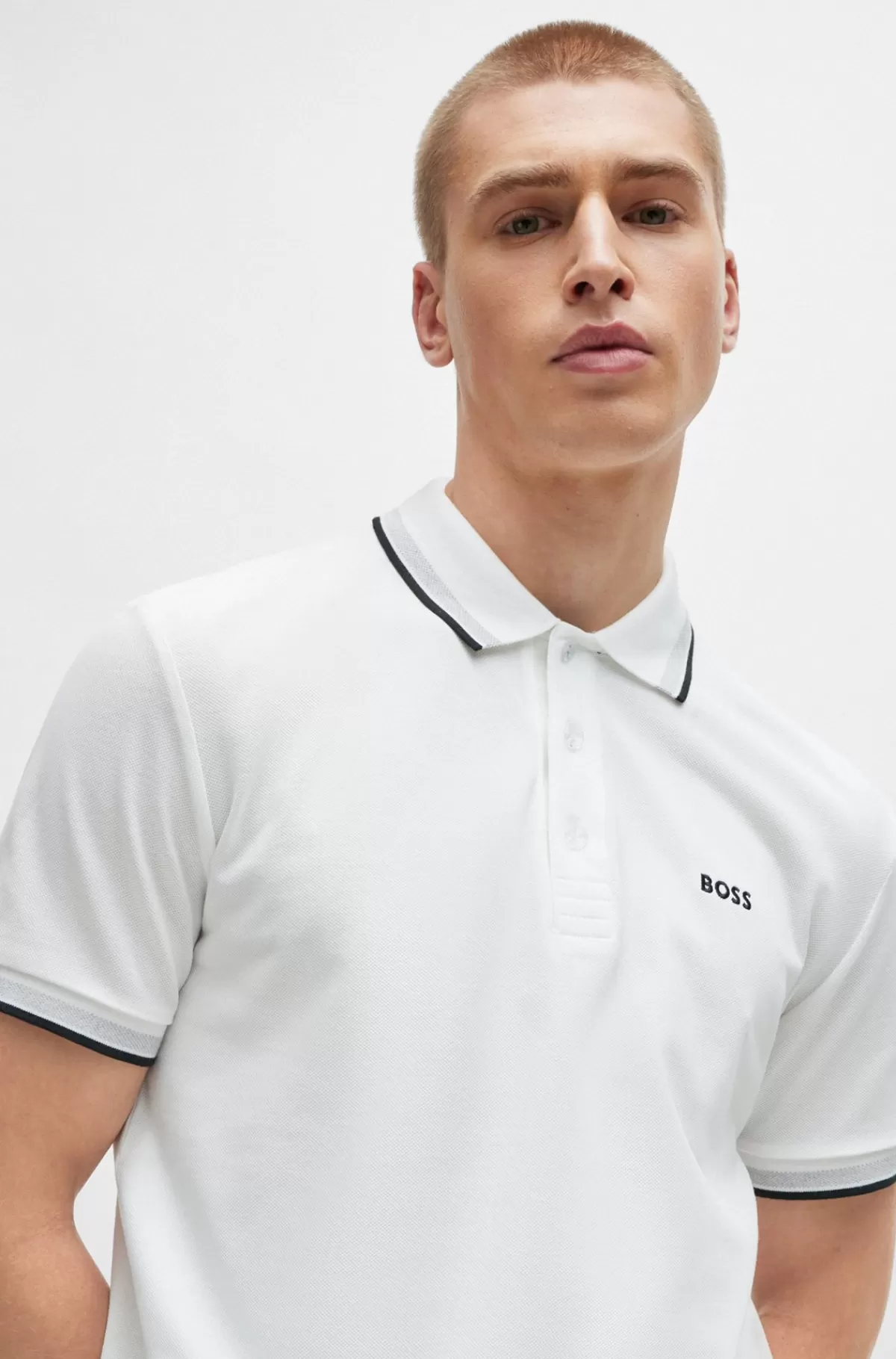 HUGO BOSS Paddy Poloshirt I Bomuldspiqué Med Logo I Kontrastfarve Hvid Clearance