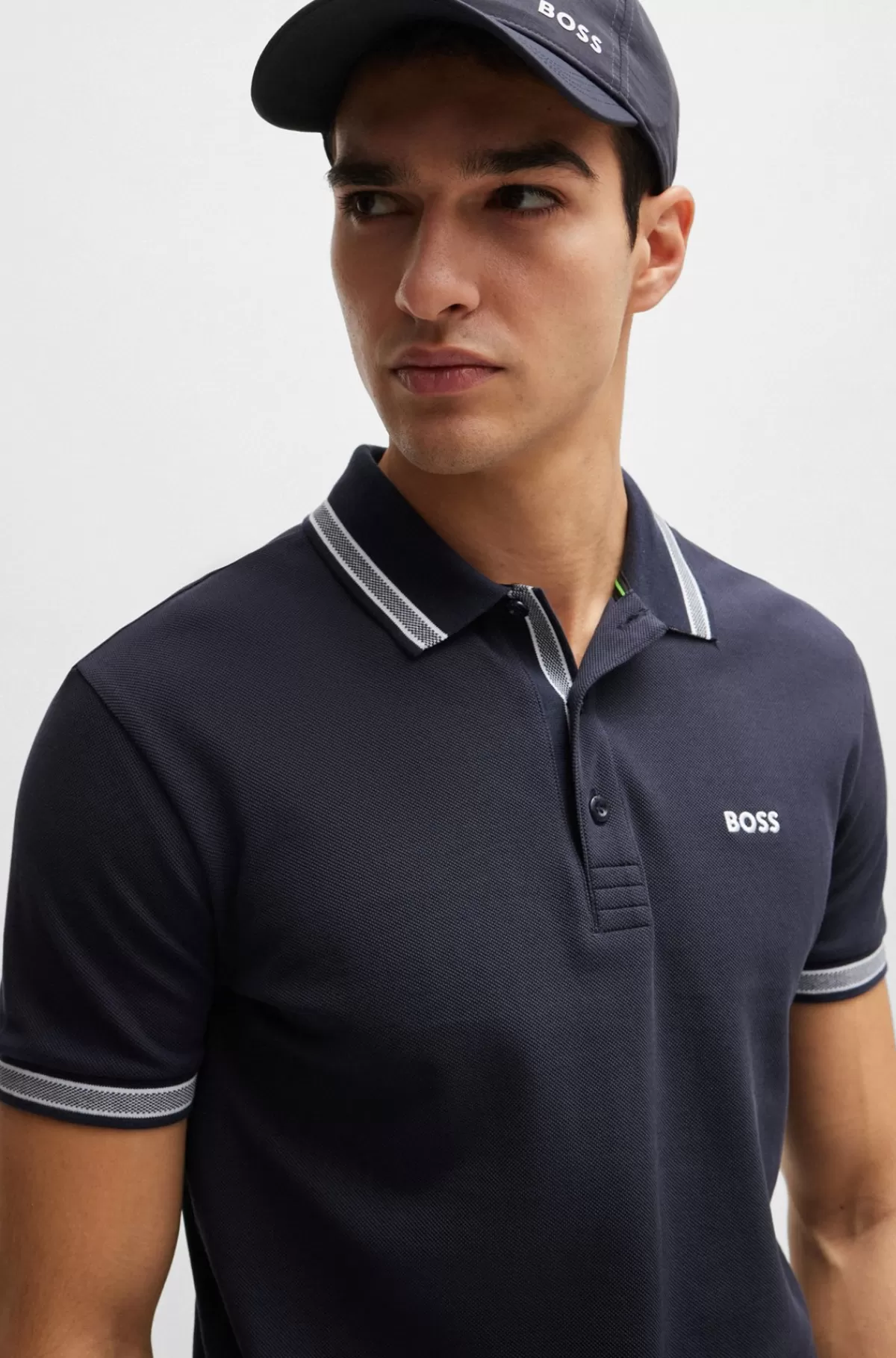 HUGO BOSS Paddy Poloshirt I Bomuldspiqué Med Logo I Kontrastfarve Mørkeblå Sale