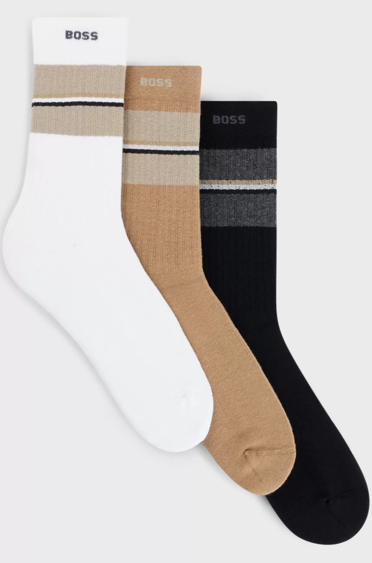 HUGO BOSS Pakke Med Tre Par Korte Sokker Med Striber Og Branding Sort/hvid/beige Hot