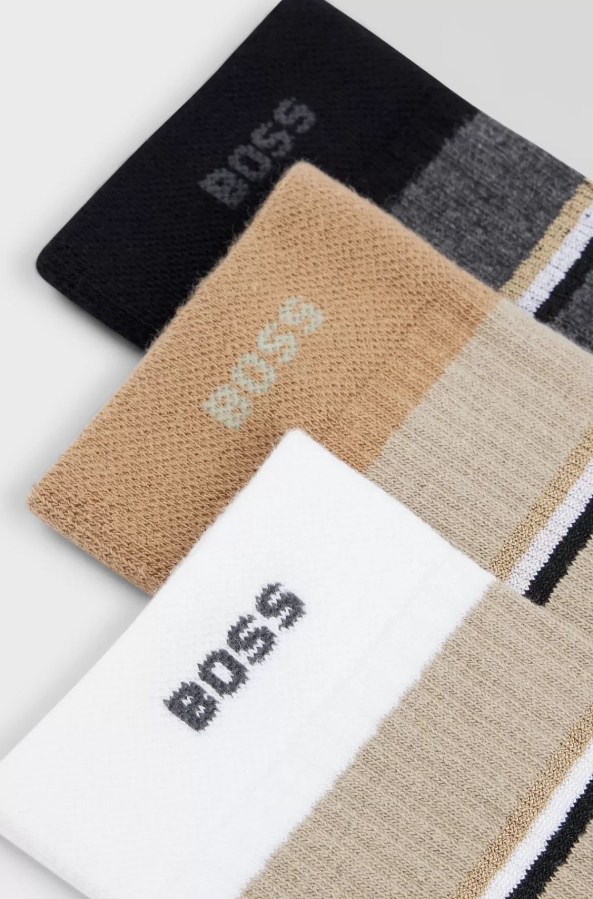 HUGO BOSS Pakke Med Tre Par Korte Sokker Med Striber Og Branding Sort/hvid/beige Hot