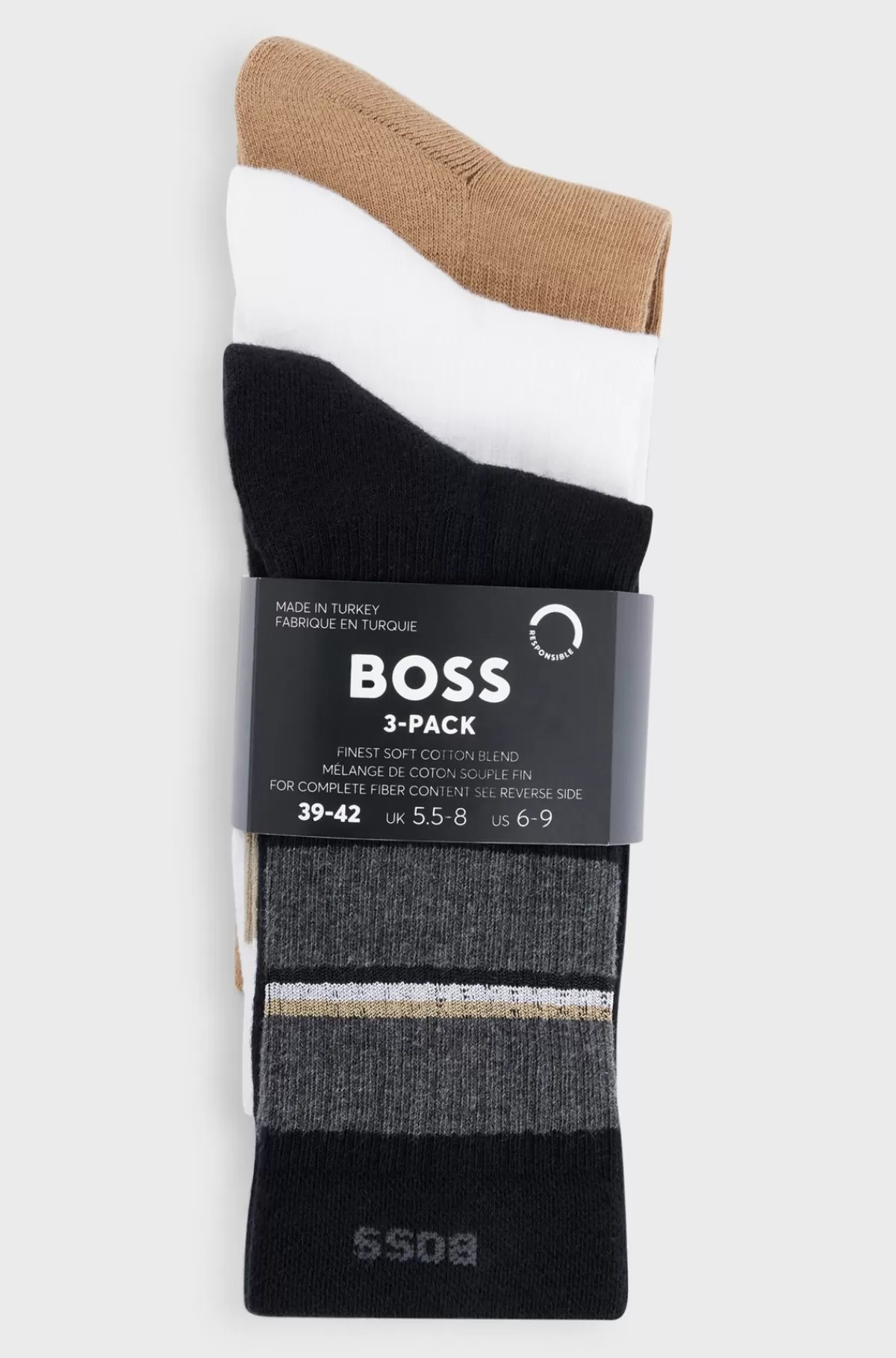 HUGO BOSS Pakke Med Tre Par Korte Sokker Med Striber Og Branding Sort/hvid/beige Hot