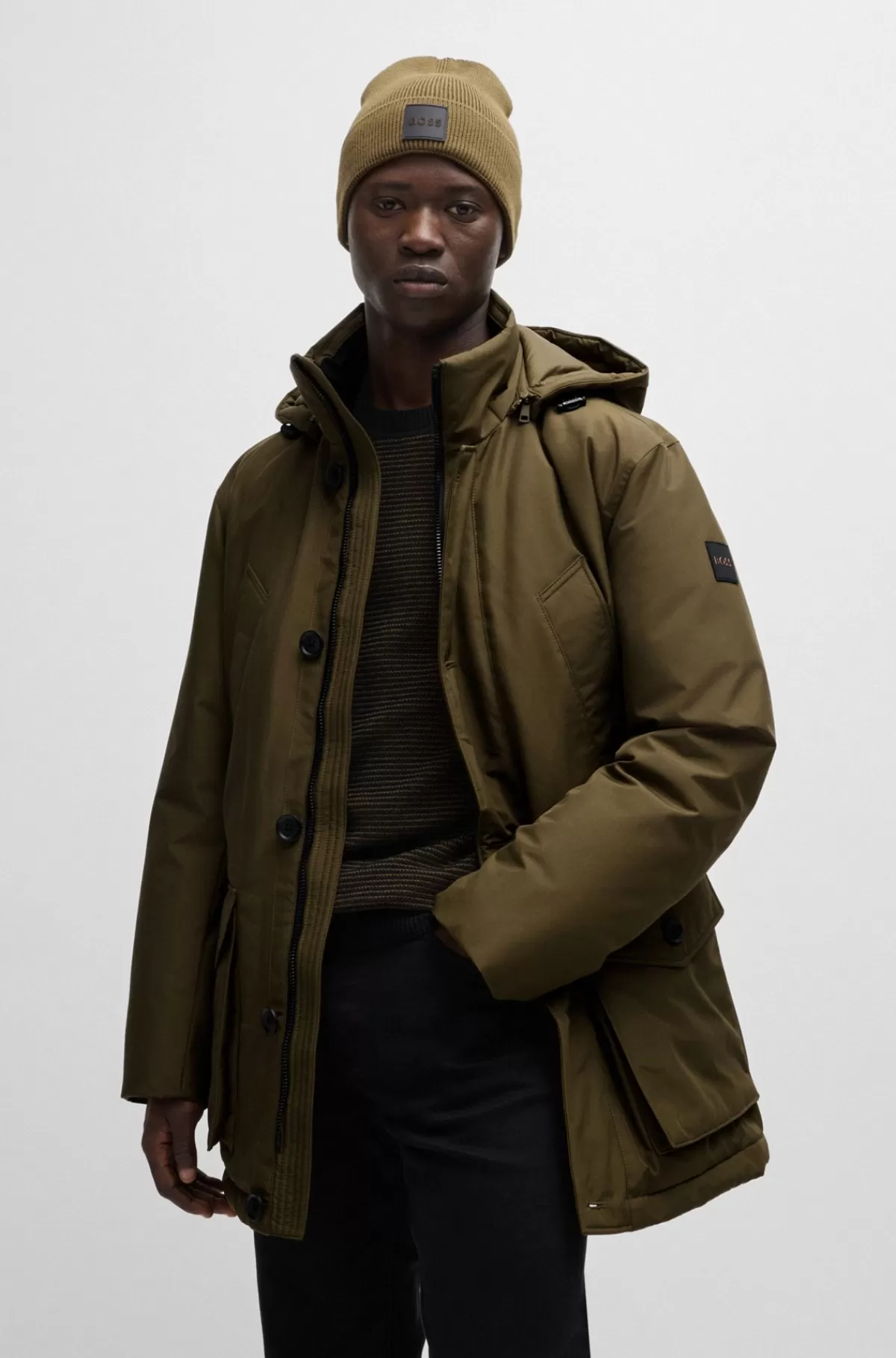 HUGO BOSS Parka Med Relaxed Fit I Vandskyende Stof Med Ottomanstruktur Kaki Cheap