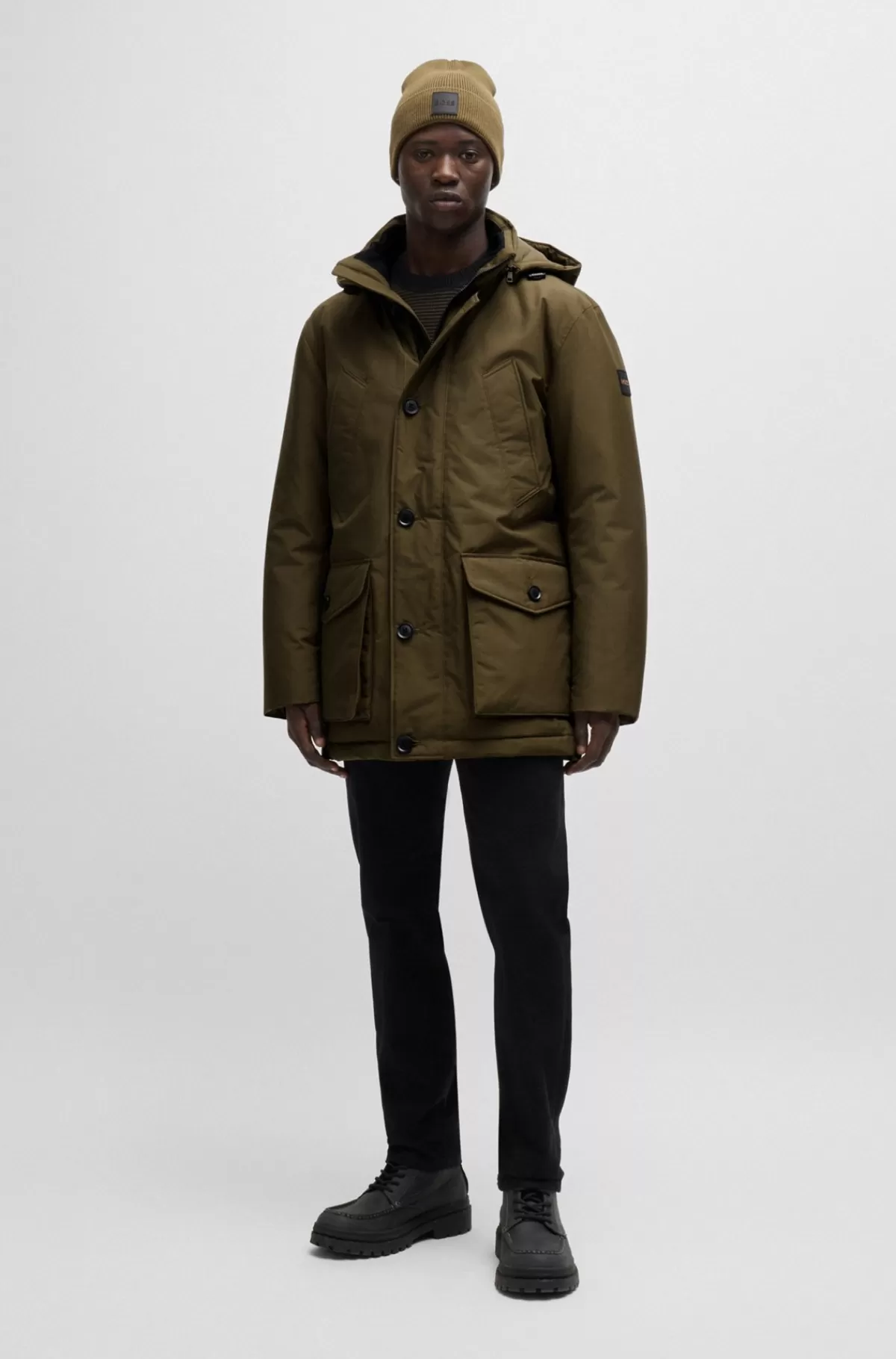 HUGO BOSS Parka Med Relaxed Fit I Vandskyende Stof Med Ottomanstruktur Kaki Cheap