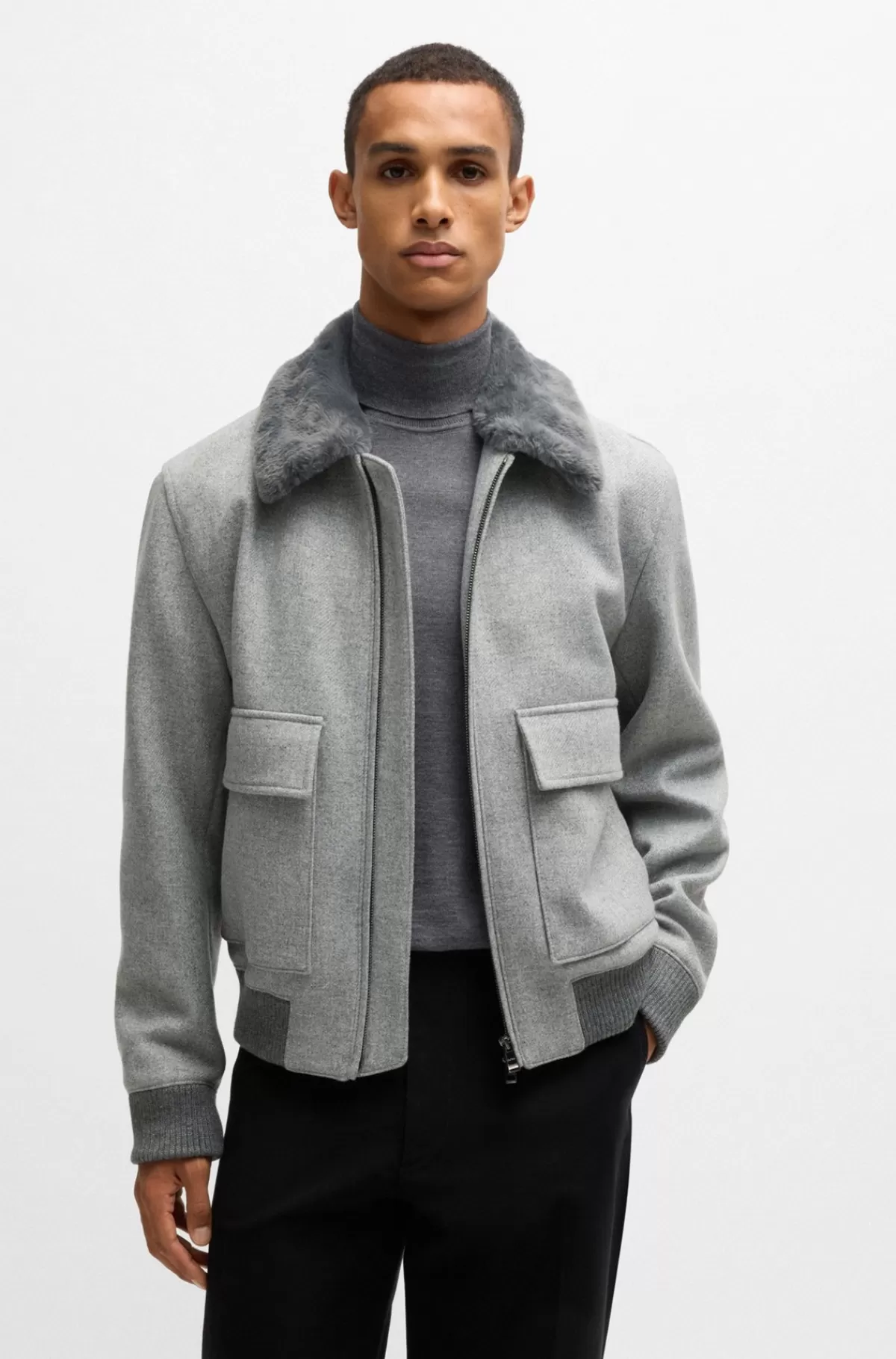 HUGO BOSS Pilotjakke Med Regular Fit Og Aftagelig Krave I Imiteret Pels Grå Online