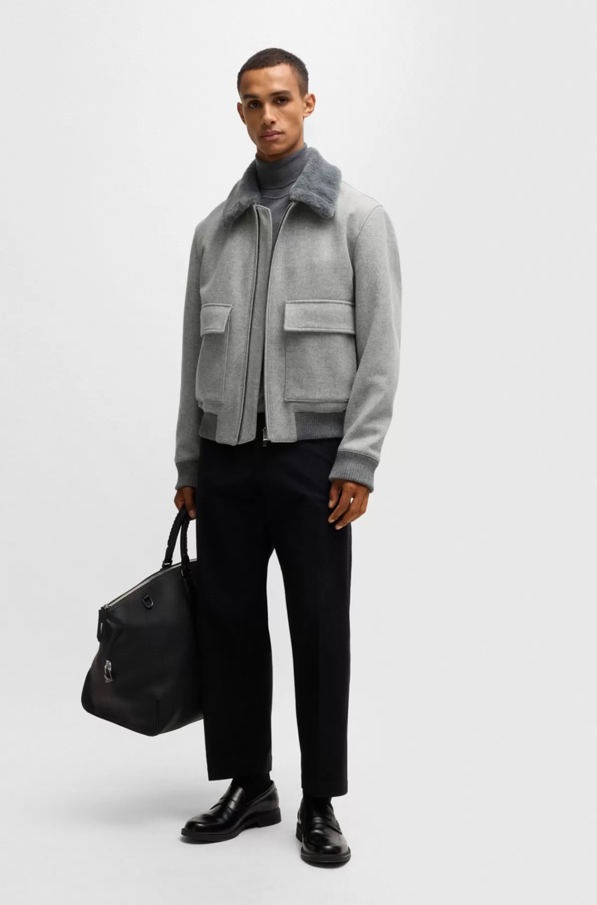 HUGO BOSS Pilotjakke Med Regular Fit Og Aftagelig Krave I Imiteret Pels Grå Online
