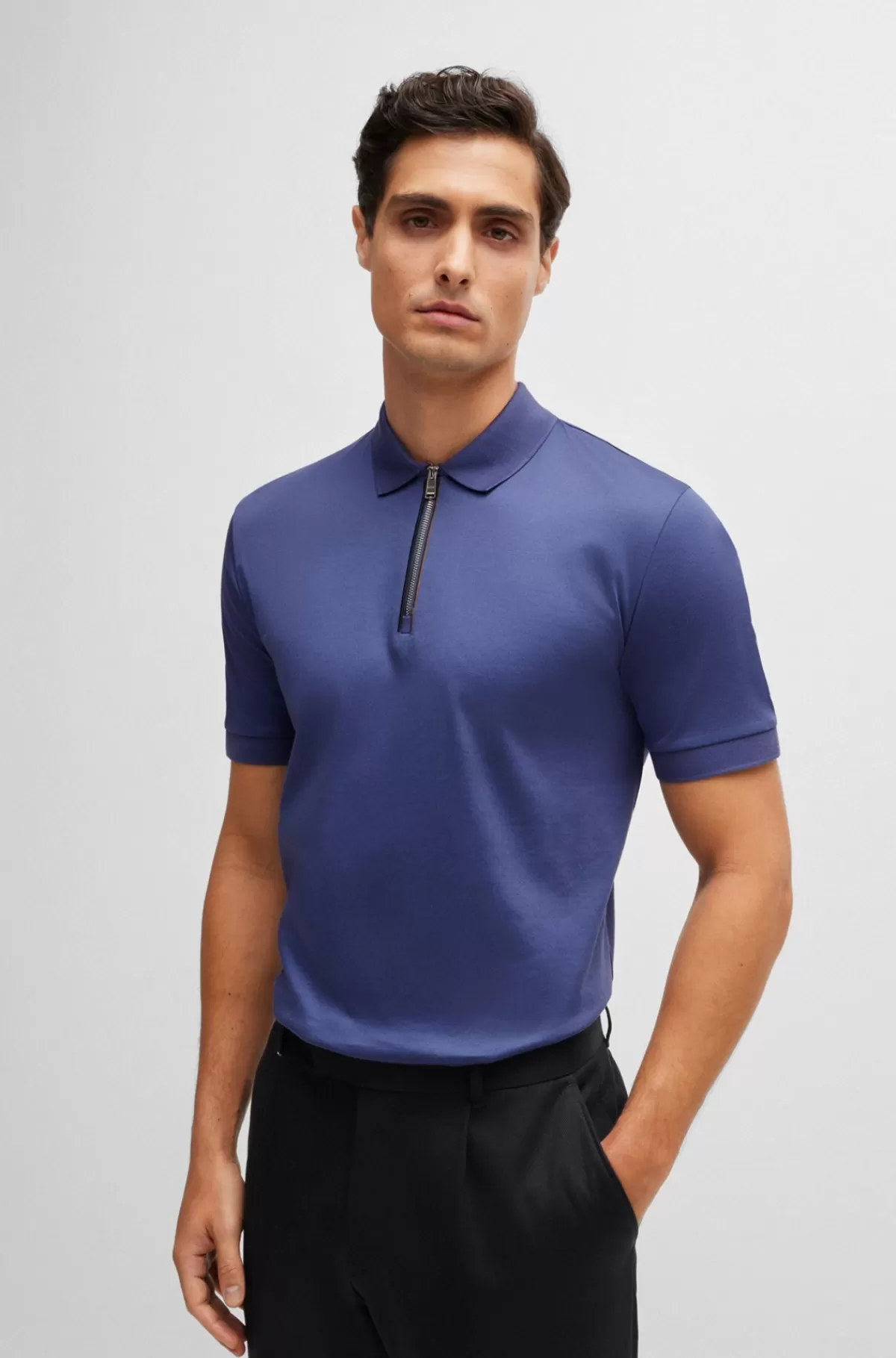 HUGO BOSS Poloshirt Af Merceriseret Bomuld Med Slim Fit Og Lynlås I Stolpen Blå Best Sale