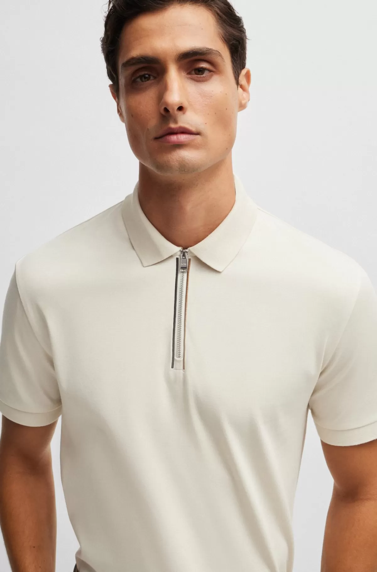 HUGO BOSS Poloshirt Af Merceriseret Bomuld Med Slim Fit Og Lynlås I Stolpen Naturlig Cheap