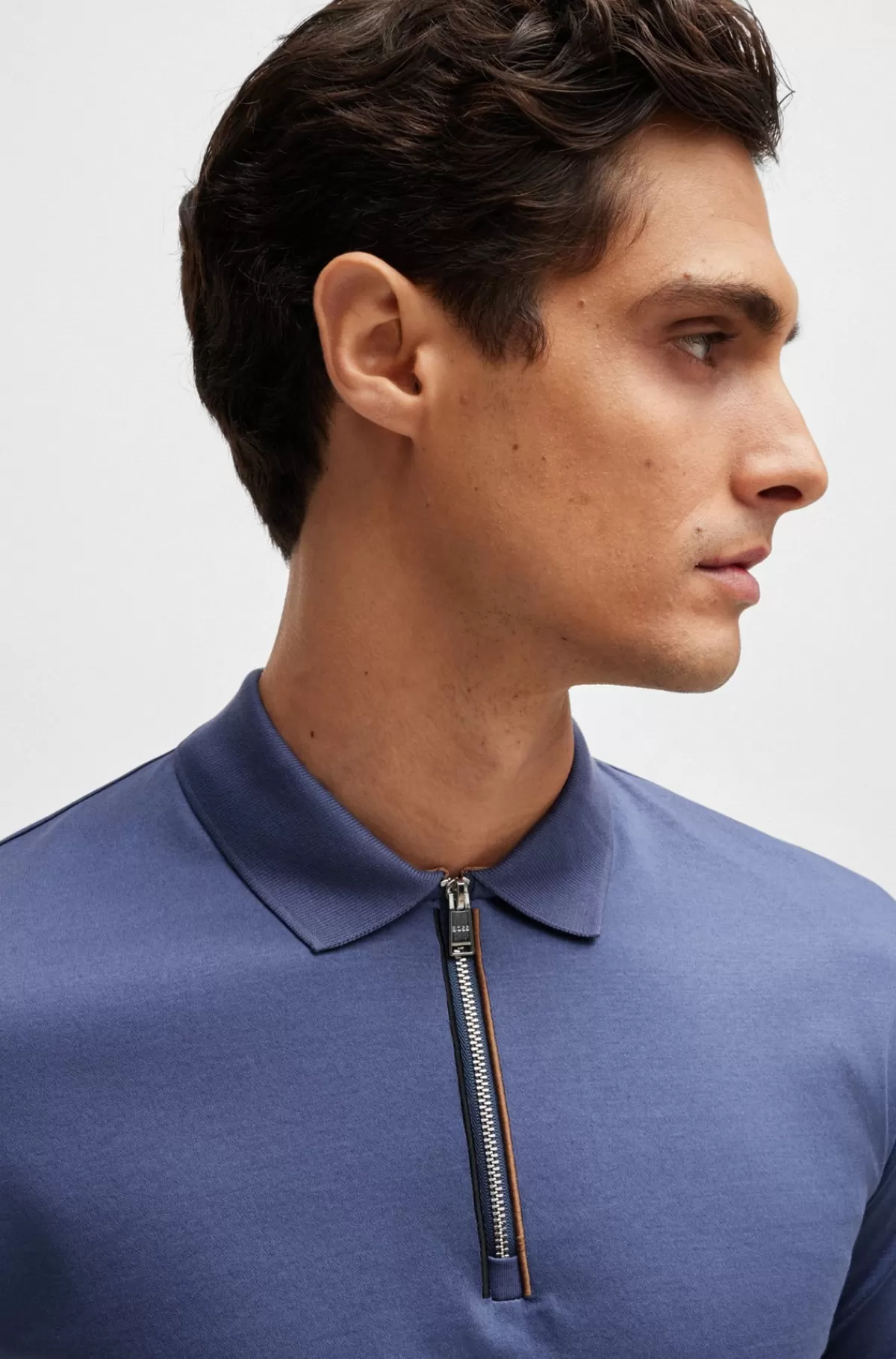 HUGO BOSS Poloshirt Af Merceriseret Bomuld Med Slim Fit Og Lynlås I Stolpen Blå Best Sale