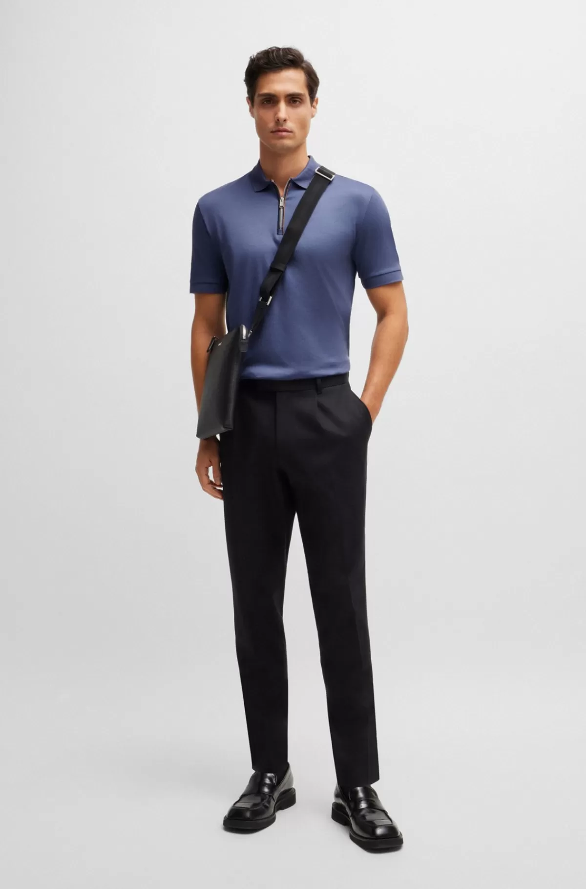 HUGO BOSS Poloshirt Af Merceriseret Bomuld Med Slim Fit Og Lynlås I Stolpen Blå Best Sale