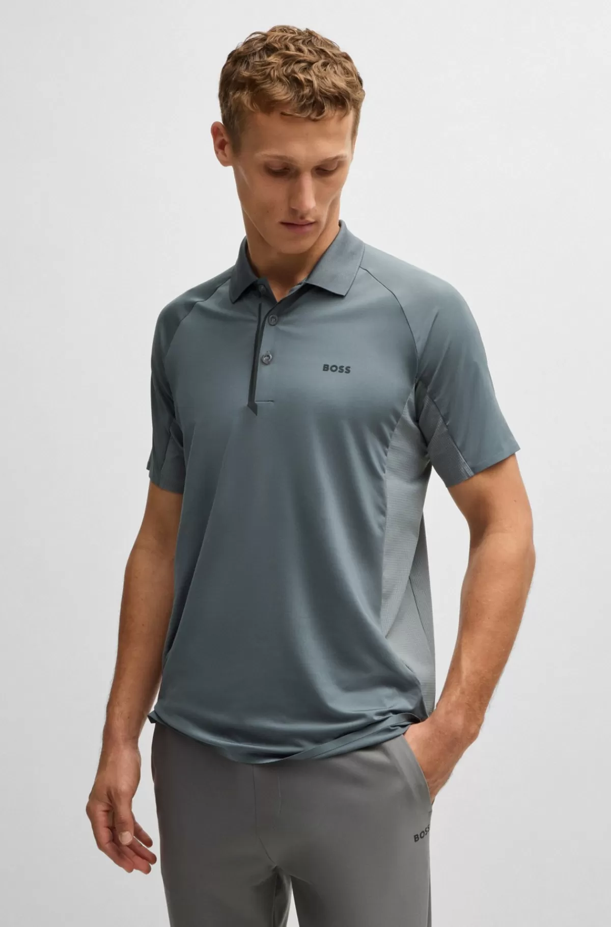 HUGO BOSS Poloshirt I Blandede Materialer Med Dekorativt Reflekterende Logo Grå Clearance