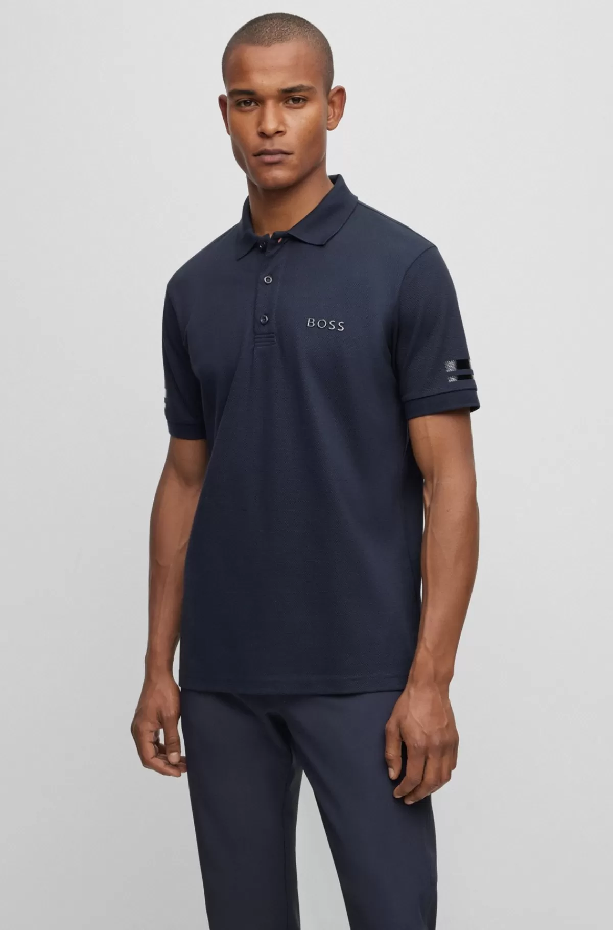 HUGO BOSS Poloshirt I Bomuld Med Stræk Med Foilprintet Logo Mørkeblå Best Sale