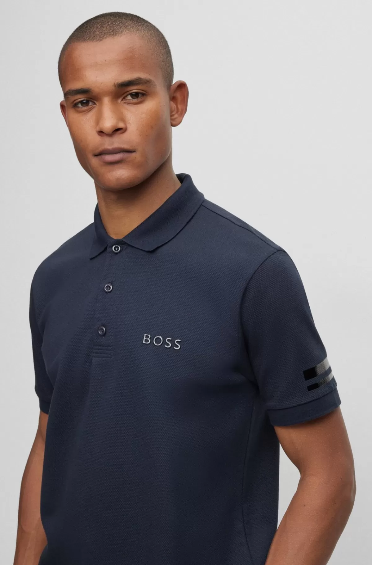 HUGO BOSS Poloshirt I Bomuld Med Stræk Med Foilprintet Logo Mørkeblå Best Sale
