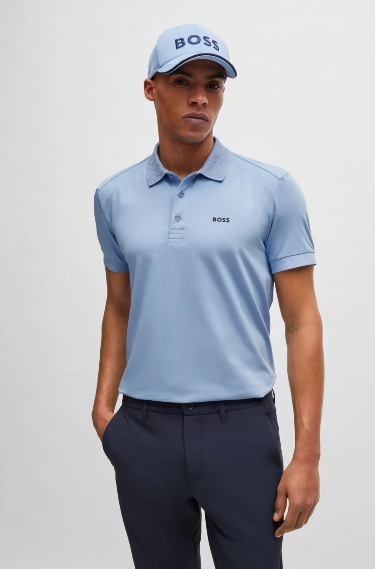HUGO BOSS Poloshirt I Bomuld Med Stræk Og Indsatser Af Stribet Bånd Lyseblå Discount