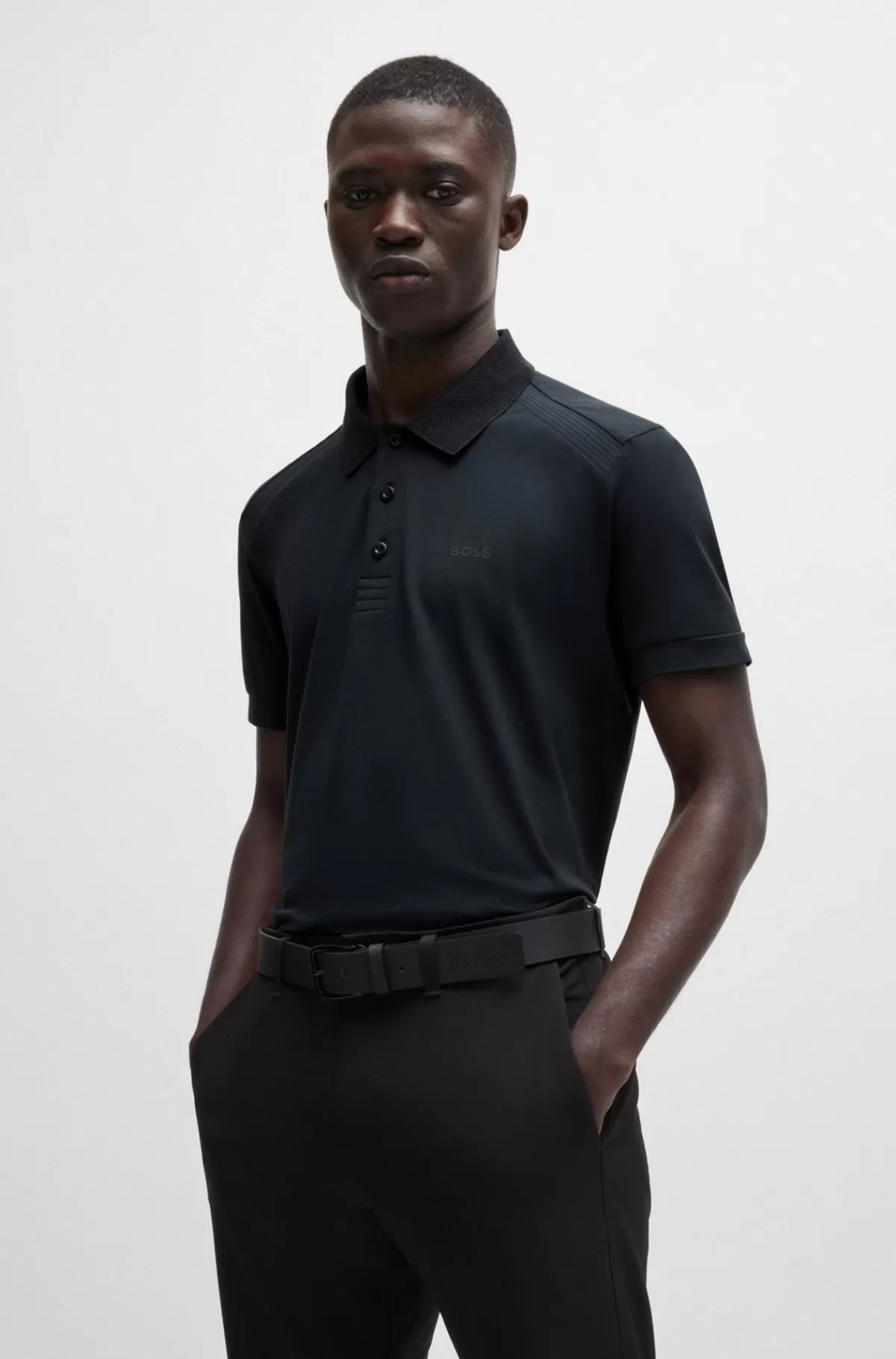 HUGO BOSS Poloshirt I Bomuld Med Stræk Og Indsatser Af Stribet Bånd Mørkeblå Outlet
