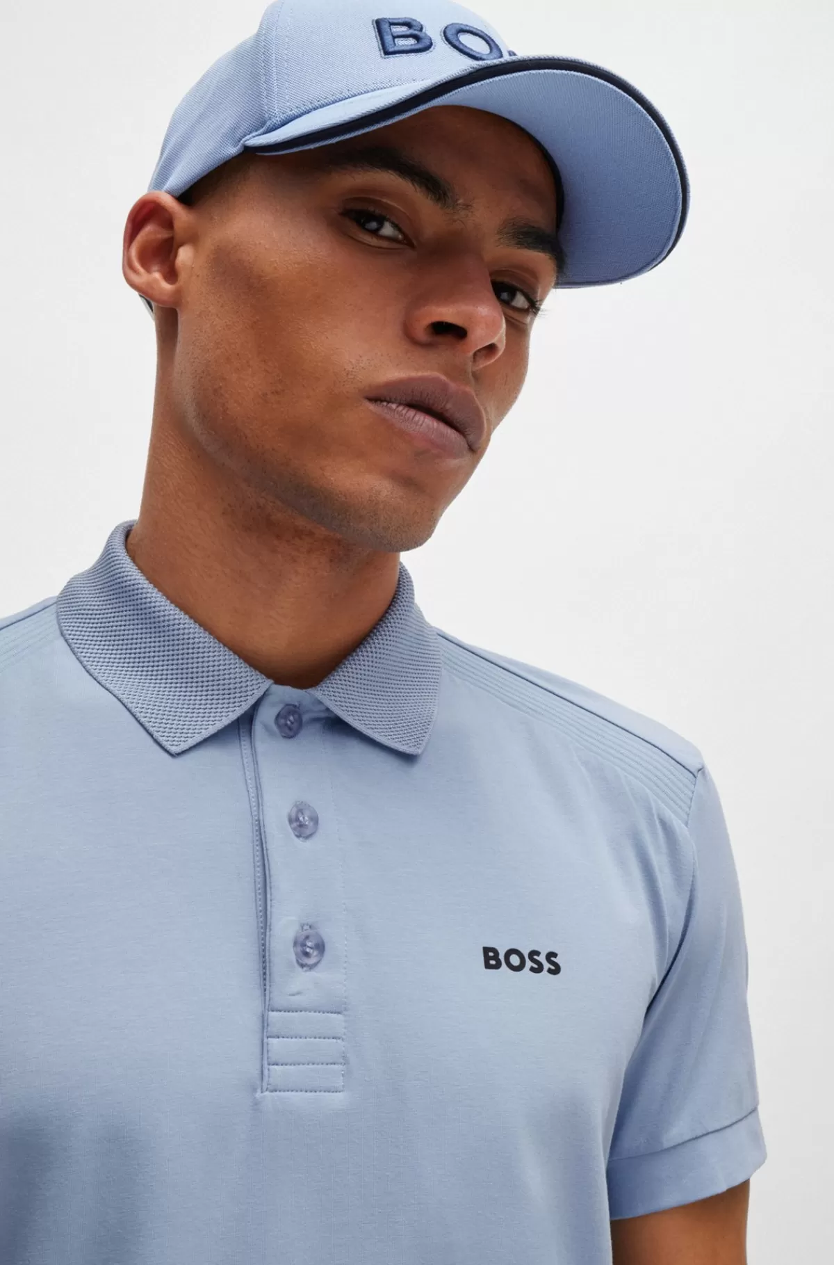 HUGO BOSS Poloshirt I Bomuld Med Stræk Og Indsatser Af Stribet Bånd Lyseblå Discount