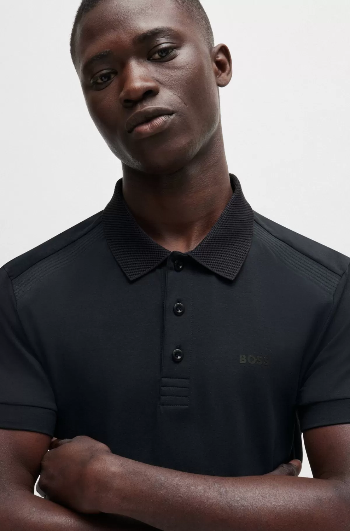 HUGO BOSS Poloshirt I Bomuld Med Stræk Og Indsatser Af Stribet Bånd Mørkeblå Outlet
