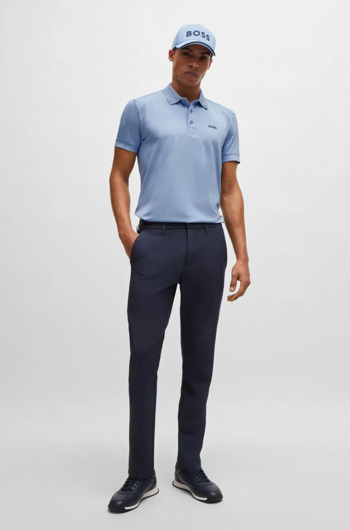 HUGO BOSS Poloshirt I Bomuld Med Stræk Og Indsatser Af Stribet Bånd Lyseblå Discount