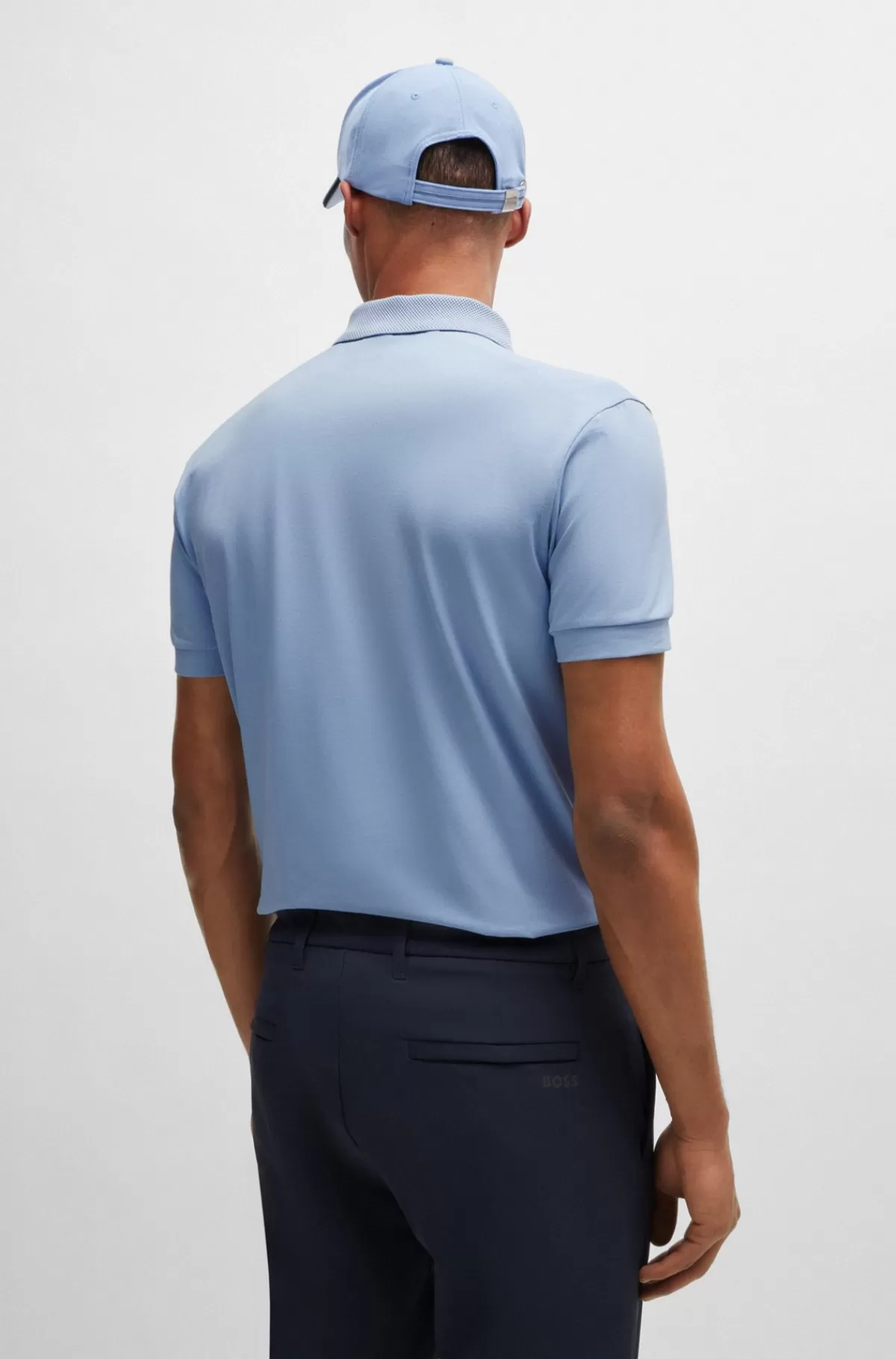 HUGO BOSS Poloshirt I Bomuld Med Stræk Og Indsatser Af Stribet Bånd Lyseblå Discount