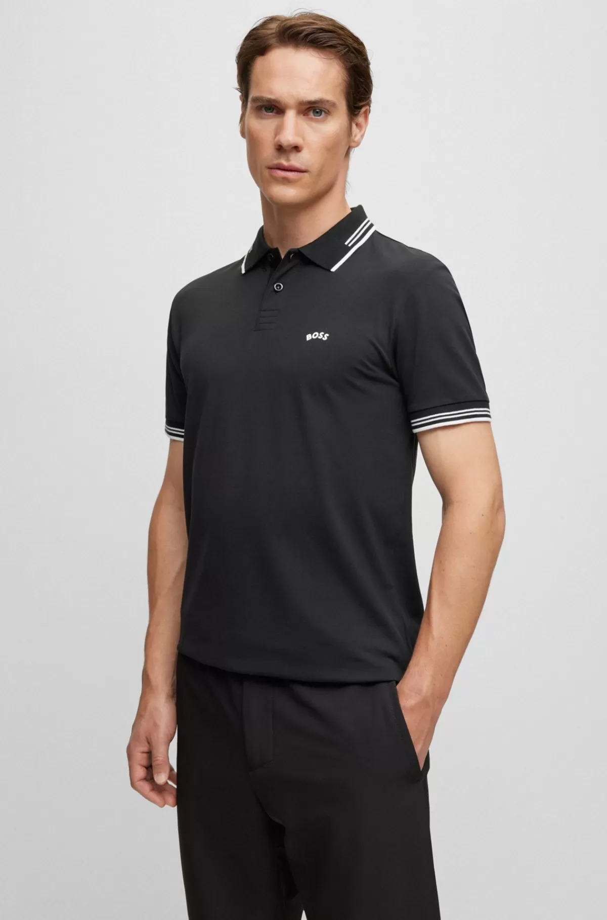 HUGO BOSS Poloshirt I Bomuld Med Stræk, Slank Pasform Og Buet Logo Sort Cheap