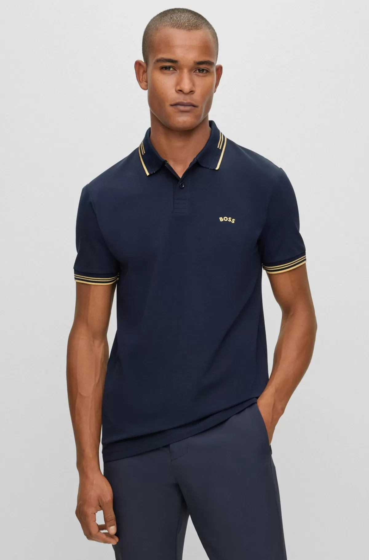HUGO BOSS Poloshirt I Bomuld Med Stræk, Slank Pasform Og Buet Logo Mørkeblå Best
