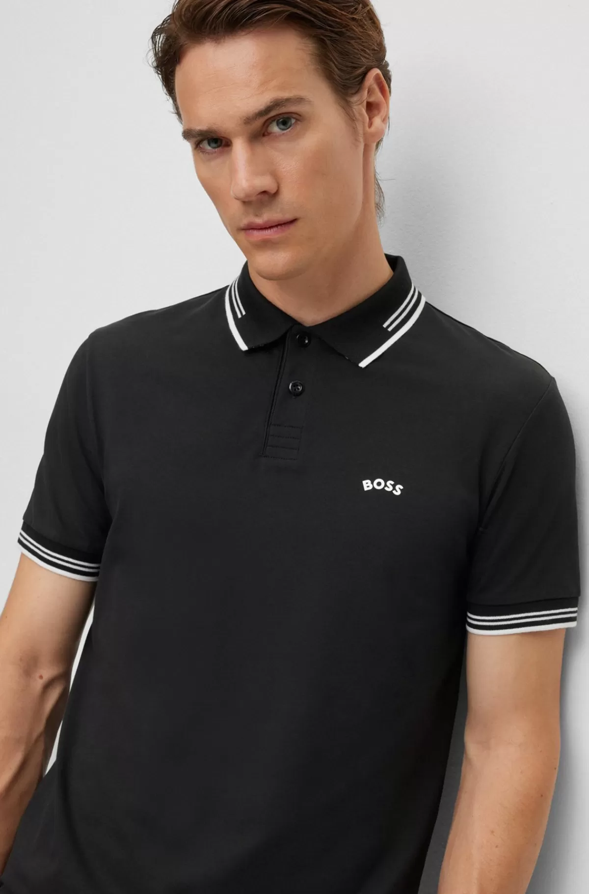 HUGO BOSS Poloshirt I Bomuld Med Stræk, Slank Pasform Og Buet Logo Sort Cheap