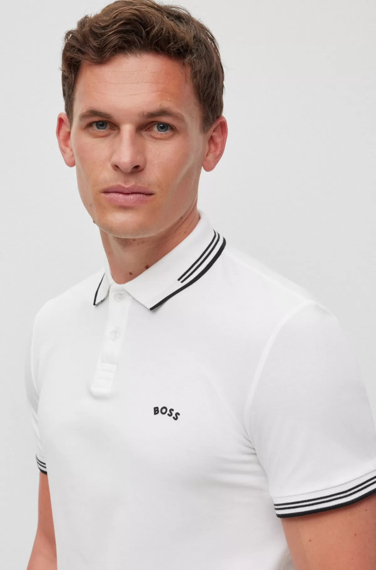 HUGO BOSS Poloshirt I Bomuld Med Stræk, Slank Pasform Og Buet Logo Hvid Discount