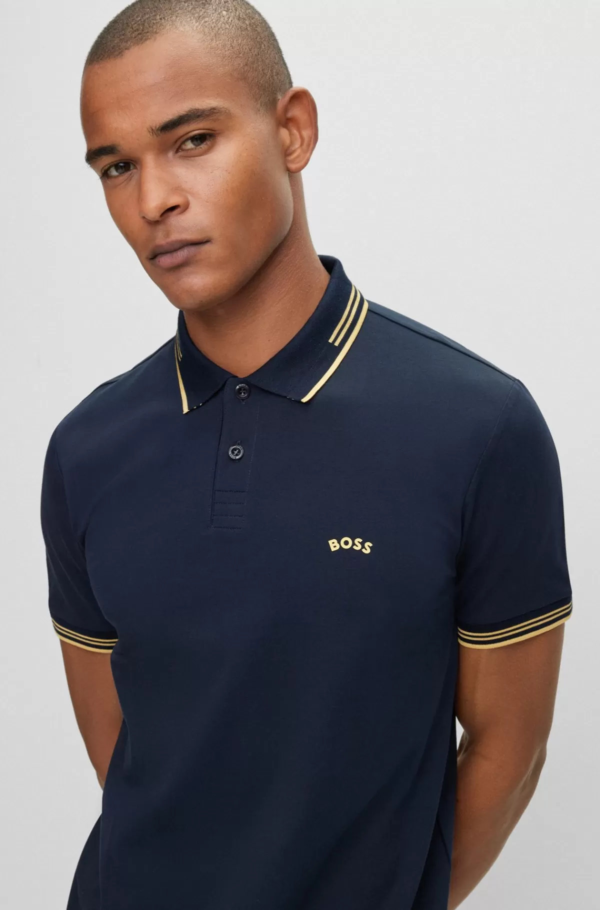 HUGO BOSS Poloshirt I Bomuld Med Stræk, Slank Pasform Og Buet Logo Mørkeblå Best
