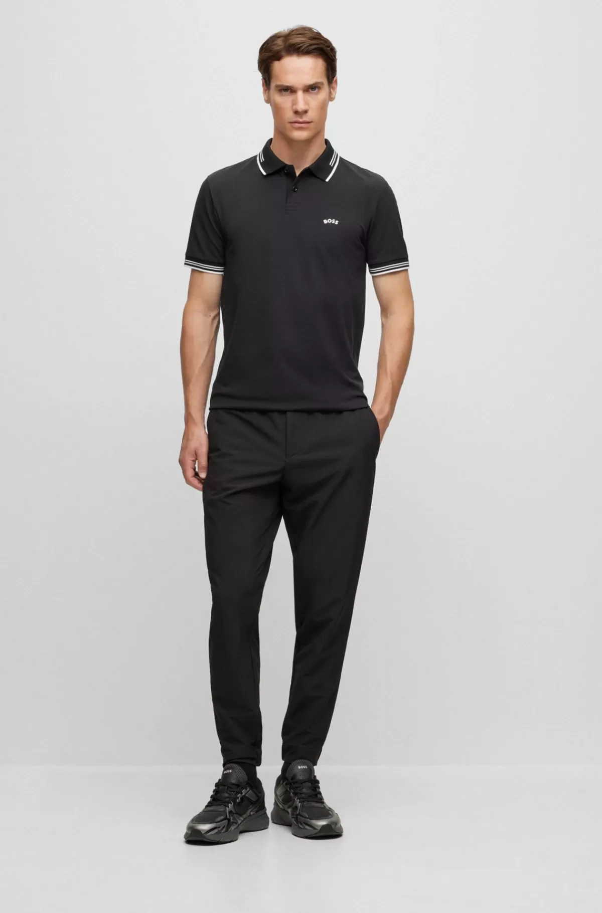 HUGO BOSS Poloshirt I Bomuld Med Stræk, Slank Pasform Og Buet Logo Sort Cheap