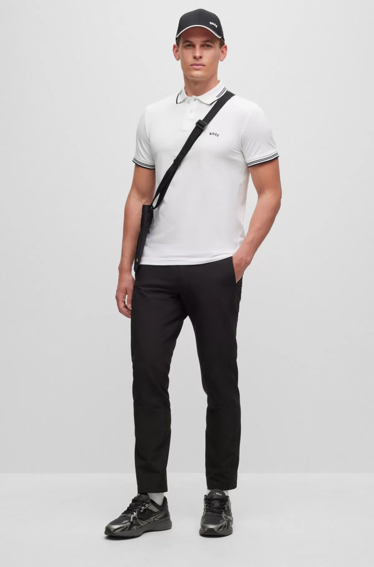 HUGO BOSS Poloshirt I Bomuld Med Stræk, Slank Pasform Og Buet Logo Hvid Discount