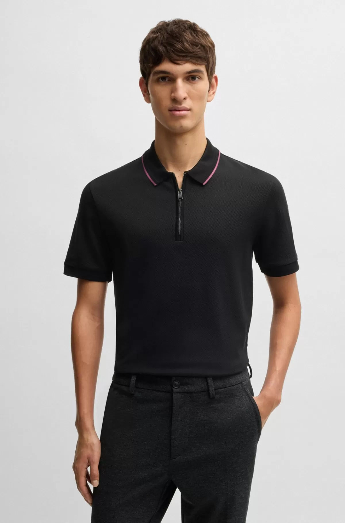HUGO BOSS Poloshirt I Bomuld Med Struktur Og Lynlåsstolpelukning Sort Best Sale