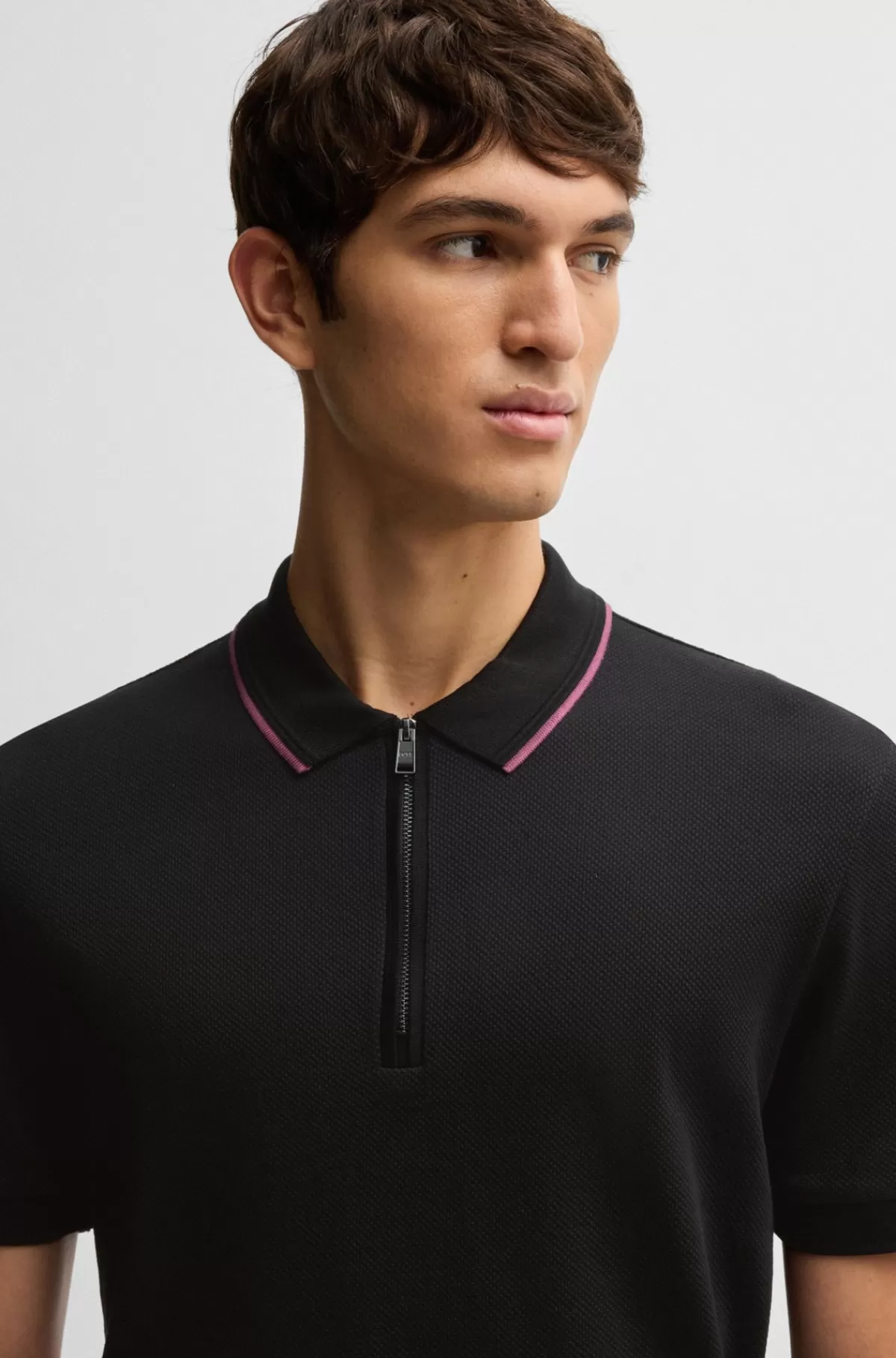 HUGO BOSS Poloshirt I Bomuld Med Struktur Og Lynlåsstolpelukning Sort Best Sale