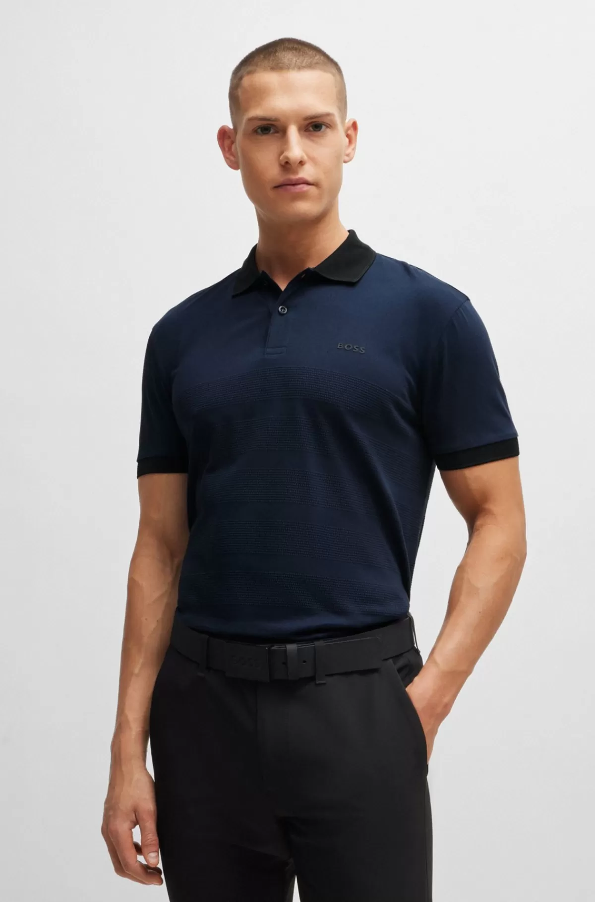 HUGO BOSS Poloshirt I Bomuld Med Strukturstriber Mørkeblå Online