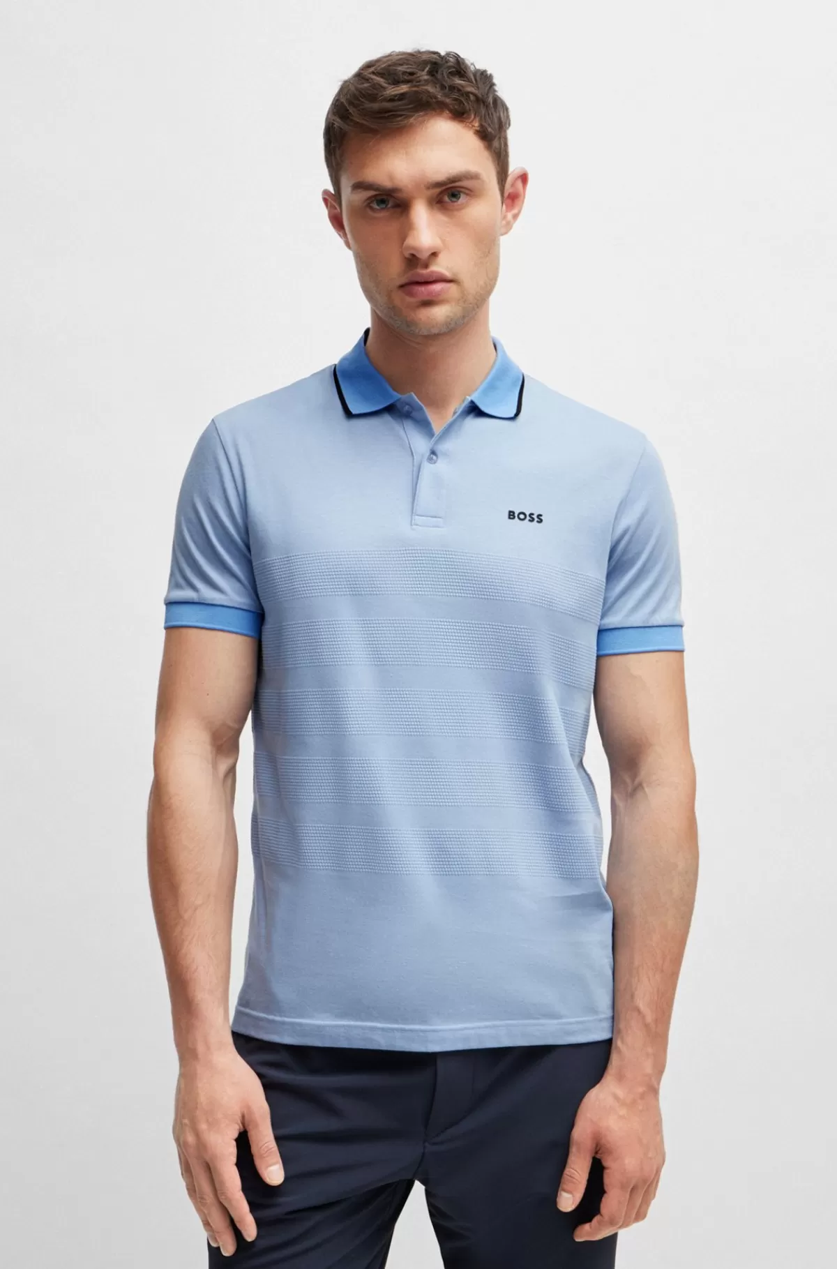 HUGO BOSS Poloshirt I Bomuld Med Strukturstriber Lyseblå Shop