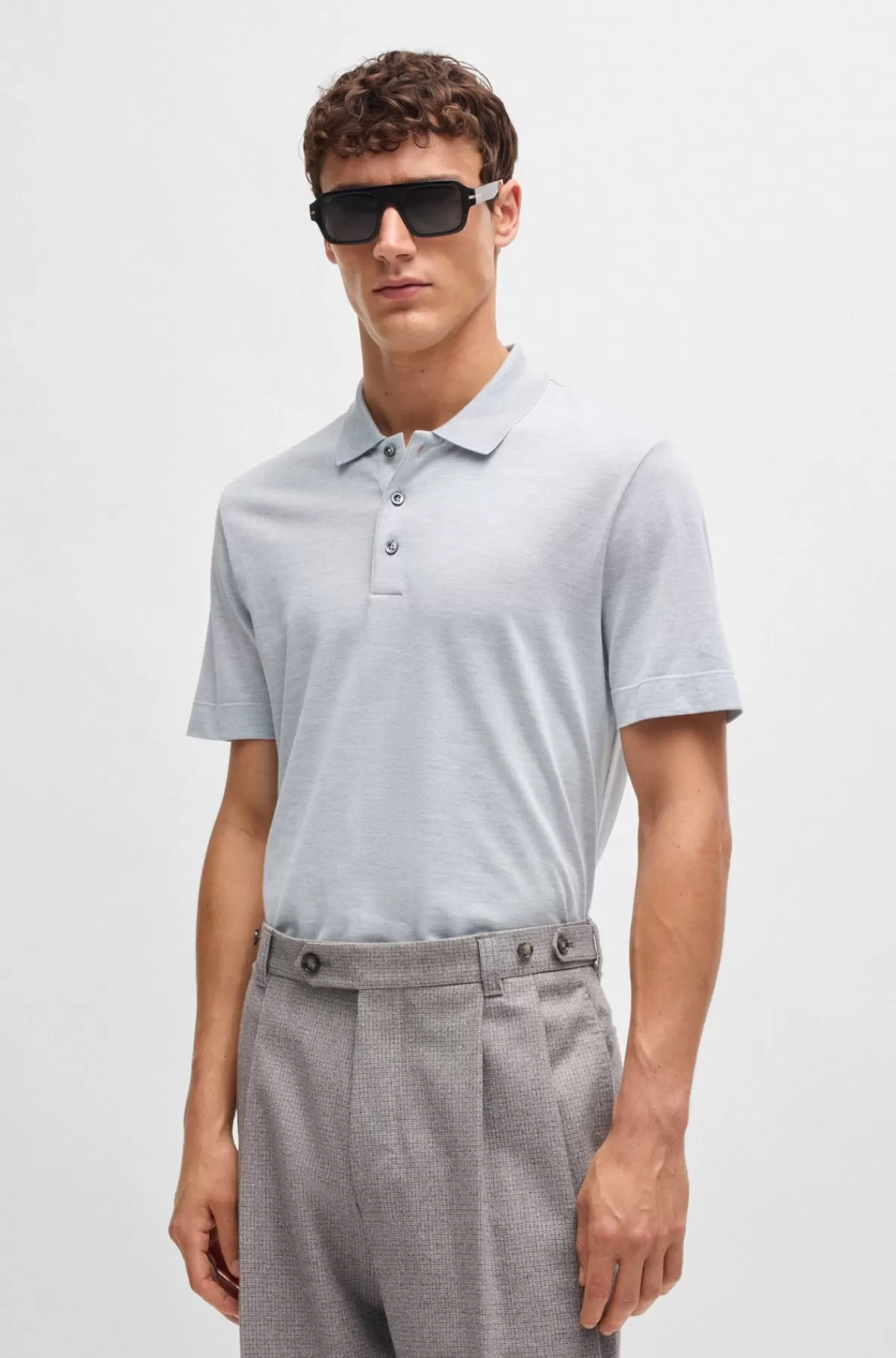 HUGO BOSS Poloshirt I Bomuld Og Silke Med Fløjlseffekt Lysegrå Hot