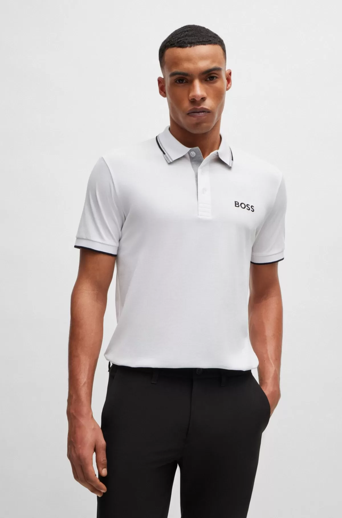 HUGO BOSS Poloshirt I Bomuldsblanding Med Kontrasterende Logoer Hvid Discount