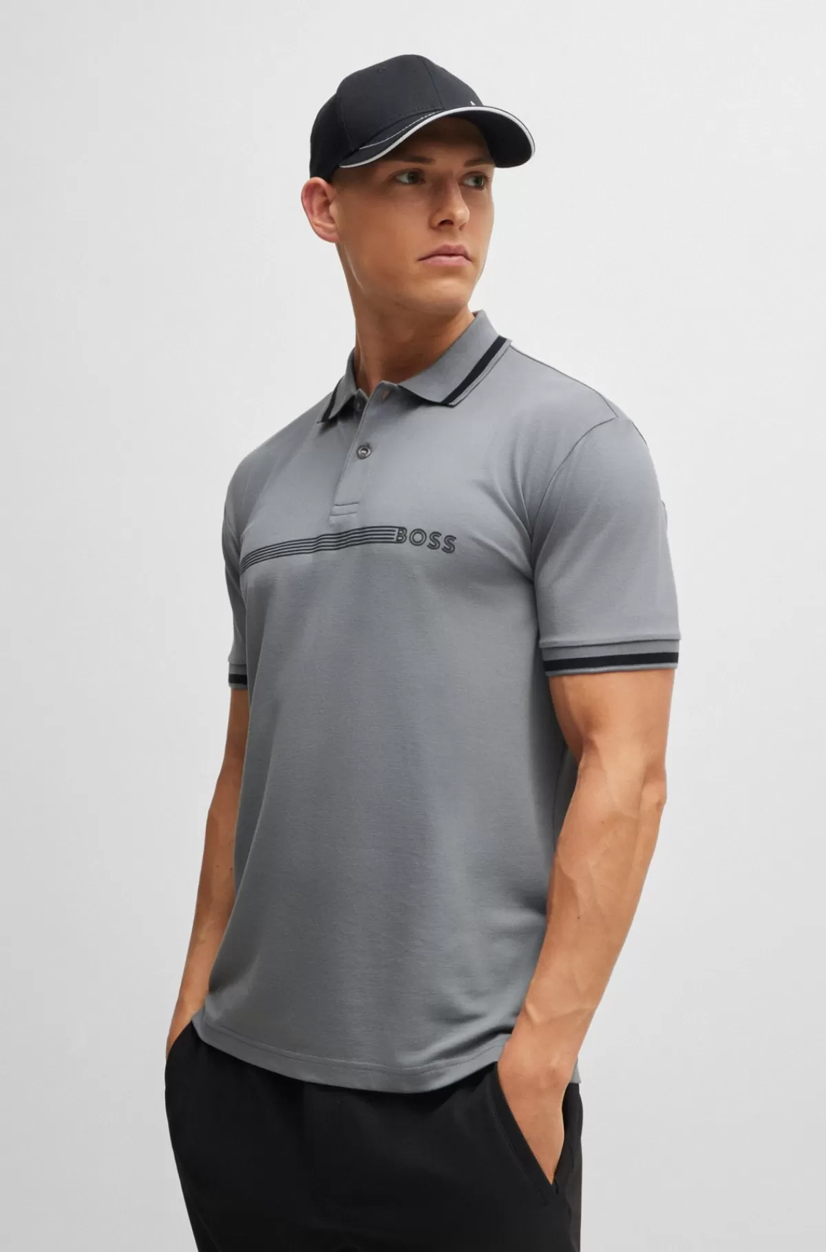 HUGO BOSS Poloshirt I Bomuldsblanding Med Striber Og Logo Grå Online