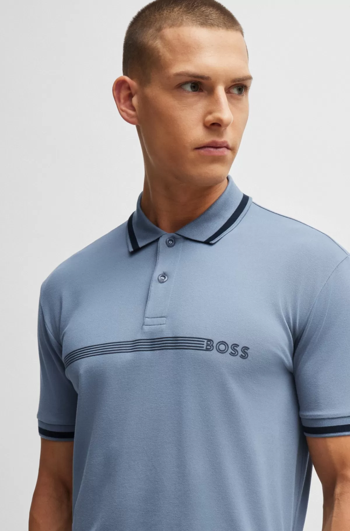 HUGO BOSS Poloshirt I Bomuldsblanding Med Striber Og Logo Lyseblå Shop